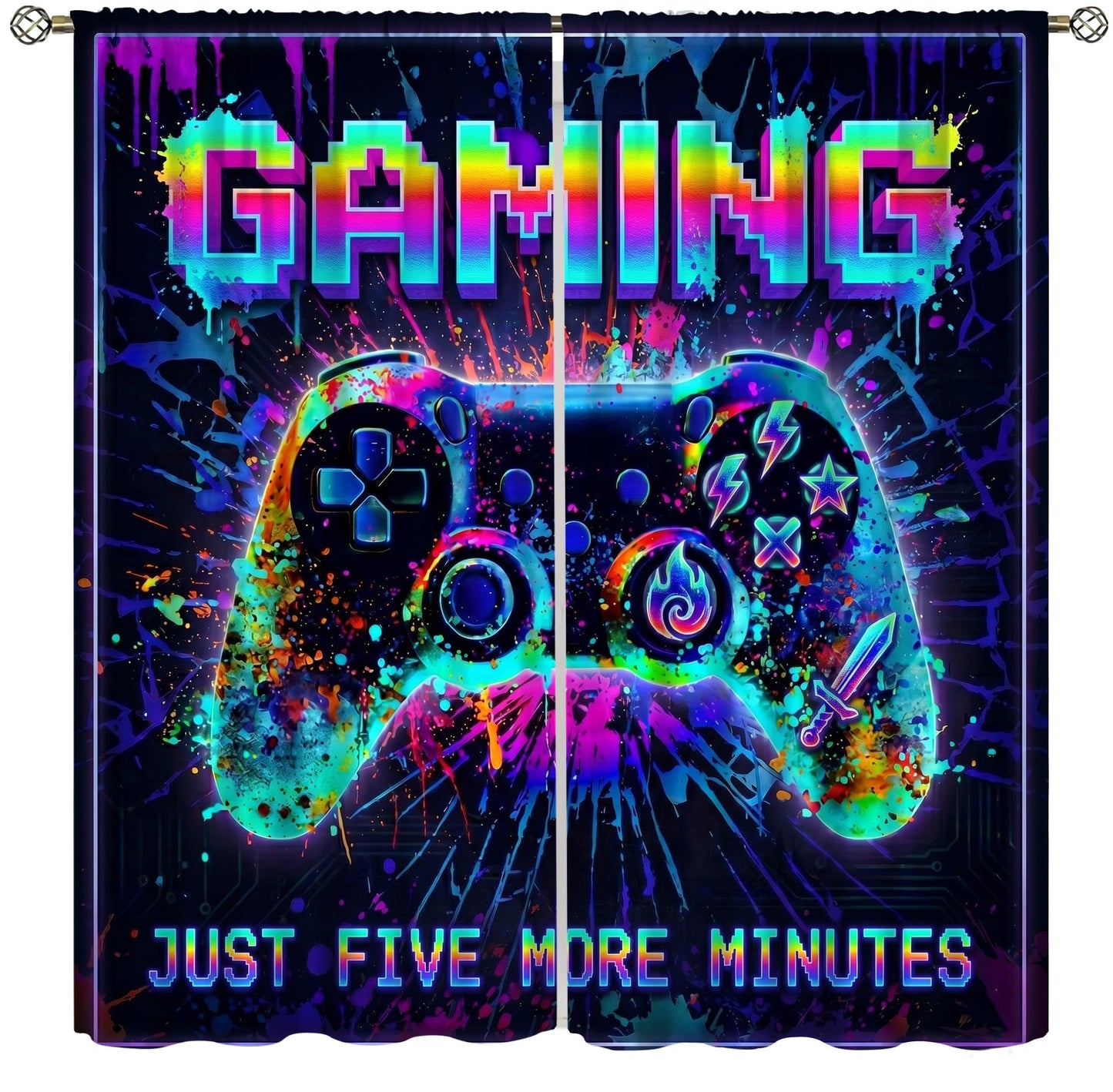 VUMIVI Gaming Curtains Cool Rainbow Neon Splatter Game Controller Just Five More Minutes Quote Rod Pocket Window Treatments for Boys Bedroom Gamer Room Apartment Dorms Cafe 42" W X 44.5" L