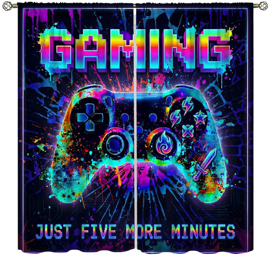 VUMIVI Gaming Curtains Cool Rainbow Neon Splatter Game Controller Just Five More Minutes Quote Rod Pocket Window Treatments for Boys Bedroom Gamer Room Apartment Dorms Cafe 42" W X 44.5" L