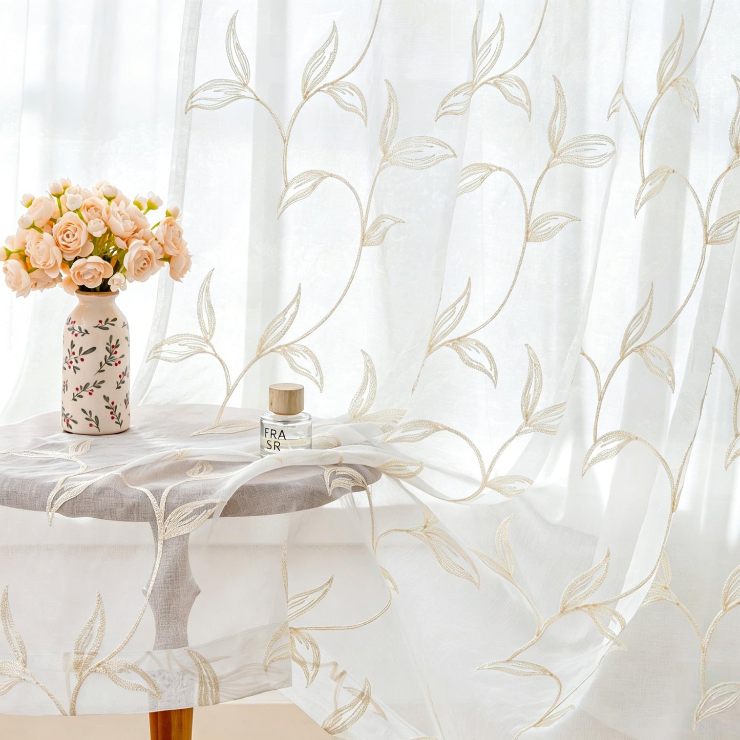 VISIONTEX 2 Panels Sheer Curtains 84 Inches Long, Cream Beige Floral Leaf Embroidered Semi Sheer Voile Curtains, Rod Pocket Light Filtering Window Drapes for Bedroom Living Room 54W x 84L