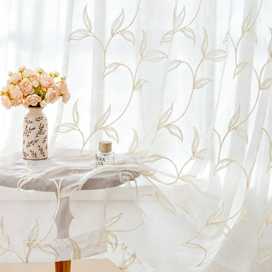 VISIONTEX 2 Panels Sheer Curtains 84 Inches Long, Cream Beige Floral Leaf Embroidered Semi Sheer Voile Curtains, Rod Pocket Light Filtering Window Drapes for Bedroom Living Room 54W x 84L