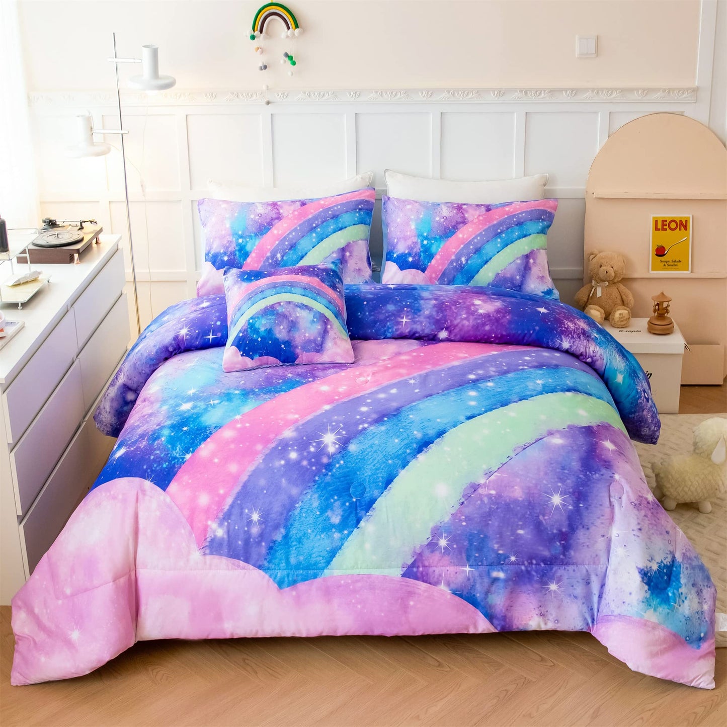 ANGIYUIN Rainbow Full Size Bedding Comforter Set for Girls Gradient Glitter Comforter Set 3D Tie Dye Blue Bedding Sets 6Pcs Soft Lightweight Girl Bed in A Bag for All Season