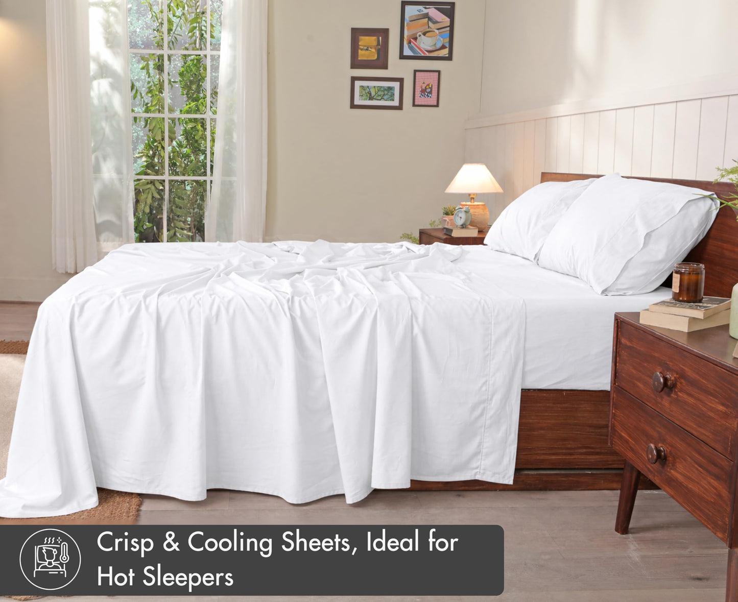 RUVANTI 100% Cotton Percale Sheets, Full Size, Bright White