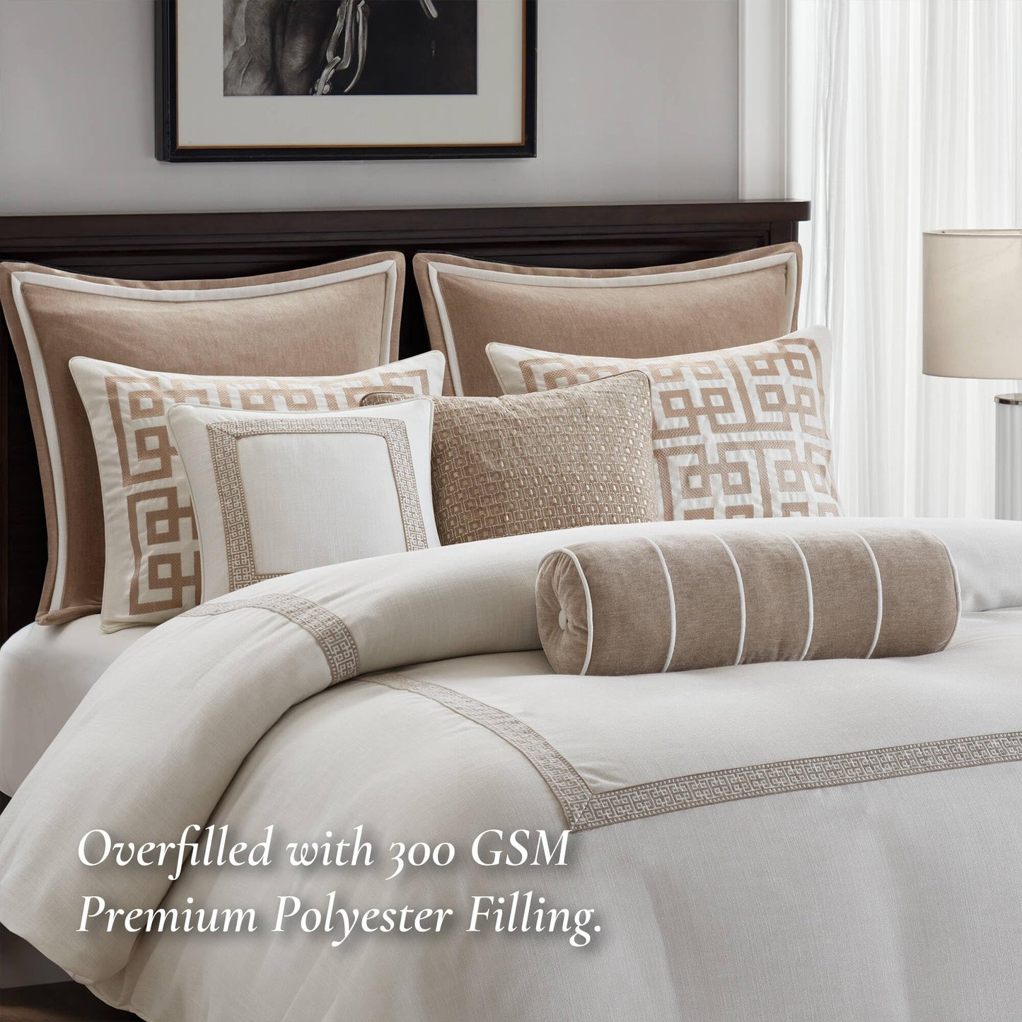 Madison Park Signature Oversized Queen Comforter Set, Luxury Hotel Style Bedding with Embroidered Details, All Season Down Alternative Comforter, Matching Shams&Decorative Pillows, Tan/Ivory, 8 Piece