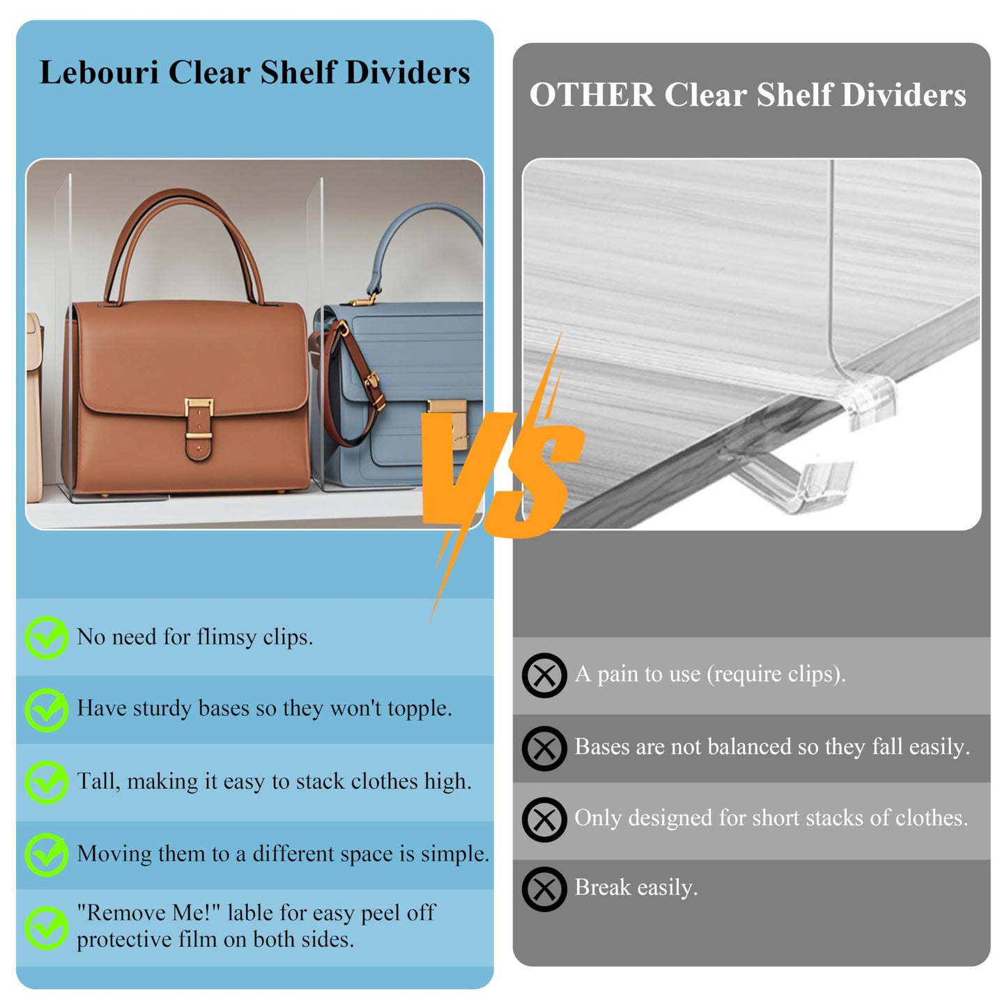 Lebouri Shelf Dividers for Closet Organization: 12" Tall x 12" Deep Acrylic Shelf Dividers for Clothes Sweater Purse - Clear Closet Organizers and Storage Separators for Shelves, 12Pack