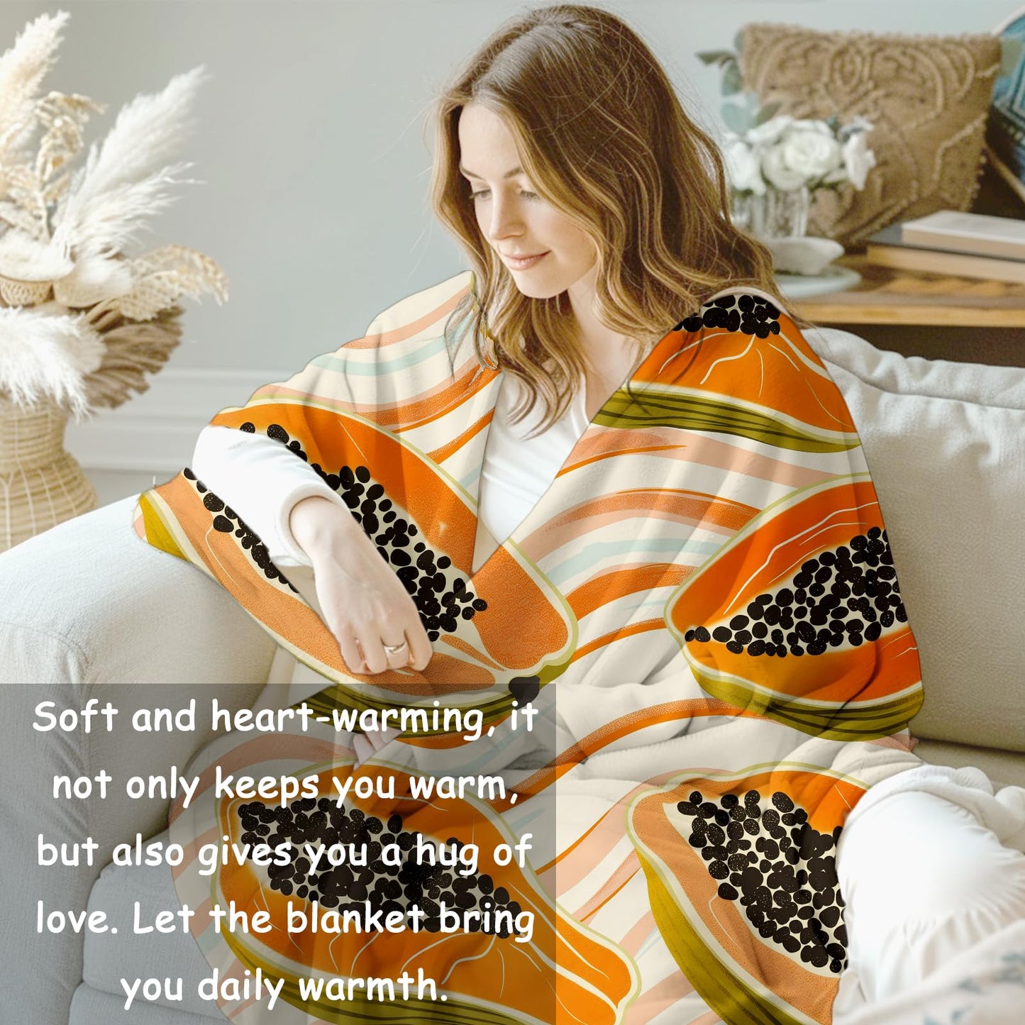 VANZEV Papaya Throw Blanket Gifts for Women, Tropical Fruit Blankets for Living Room Home Decor, Cozy Flannel Papaya Plush Throws 50"x60"