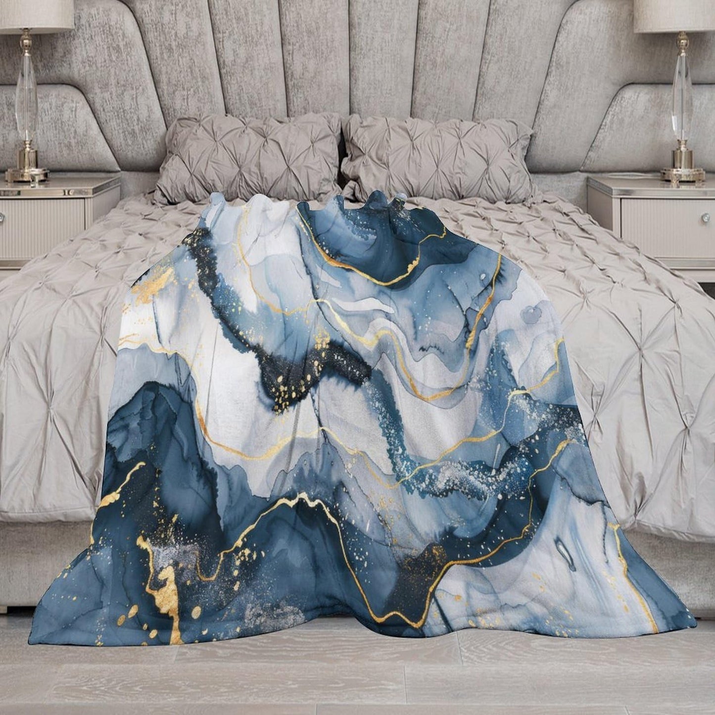 Marble Throw Blanket, Modern Abstract Foil Stone Texture Gold Navy Blue Marble Super Soft Fuzzy Fluffy Blanket for Couch & Bed, Cozy Sofa Warm Blanket for Travel Camping 40"x50"