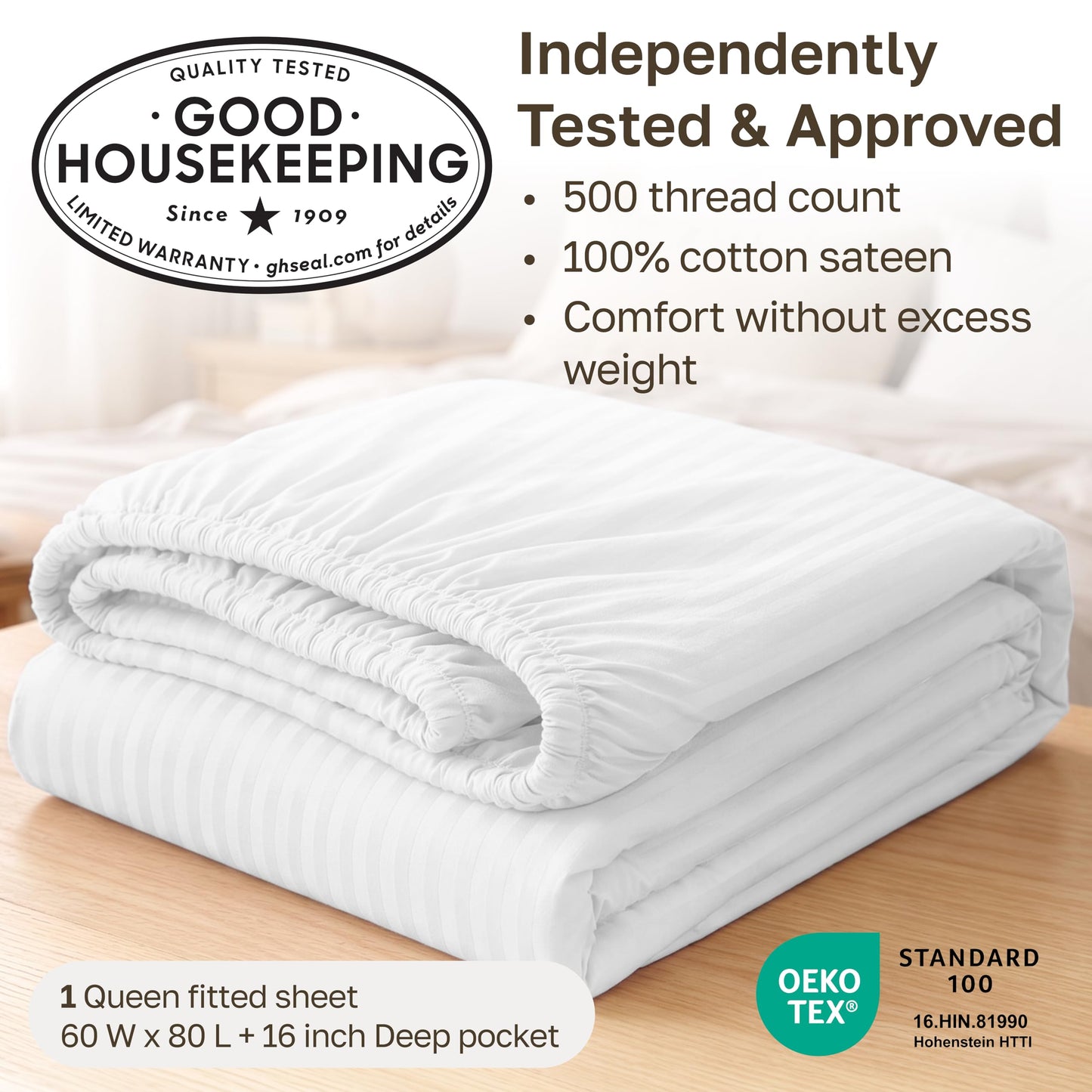 California Design Den Cotton Sateen Damask Stripe Queen Fitted Sheet Only - Soft 100% Cotton Sateen, Deep Pocket Bottom Fitted Sheet - Grey