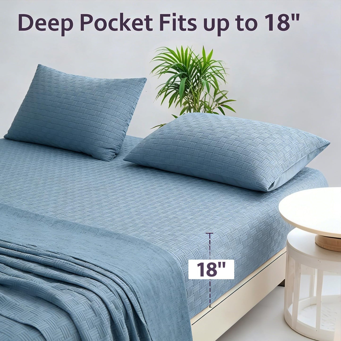 Seavelson Woven Grid Soft King Size Sheet Set - Comfortable & Breathable 4 Piece Bed Sheets with 1 Fitted Sheet,1 Flat Sheet & 2 Pillowcases - Deep Pocket Up to 18 Inches (Blue Grey)