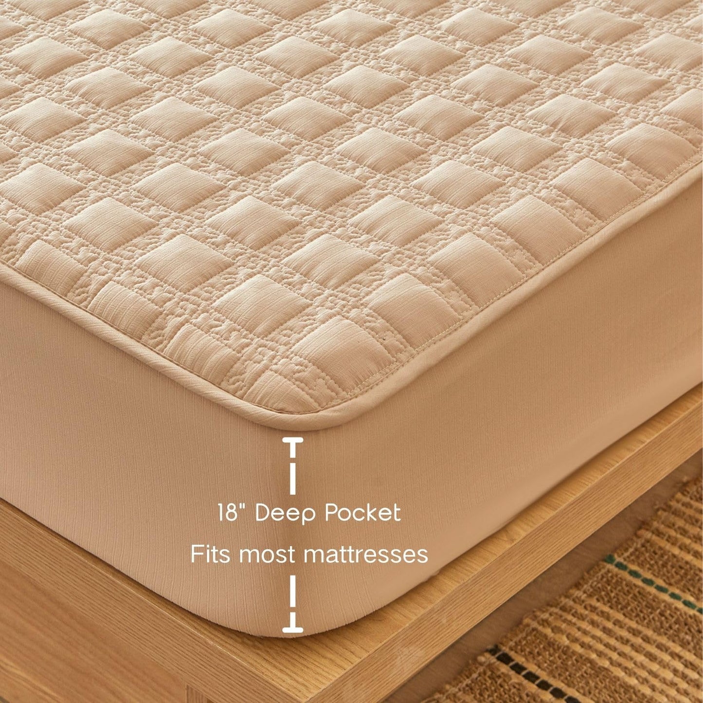 ZIQINPSQ Gingham Fitted Sheet Queen Size, 18" Deep Pocket Breathable Quilted Cotton Bed Sheet, Non-Pilling Wrinkle Resistant All-Season Mattress Cover with Pillowease, Khaki