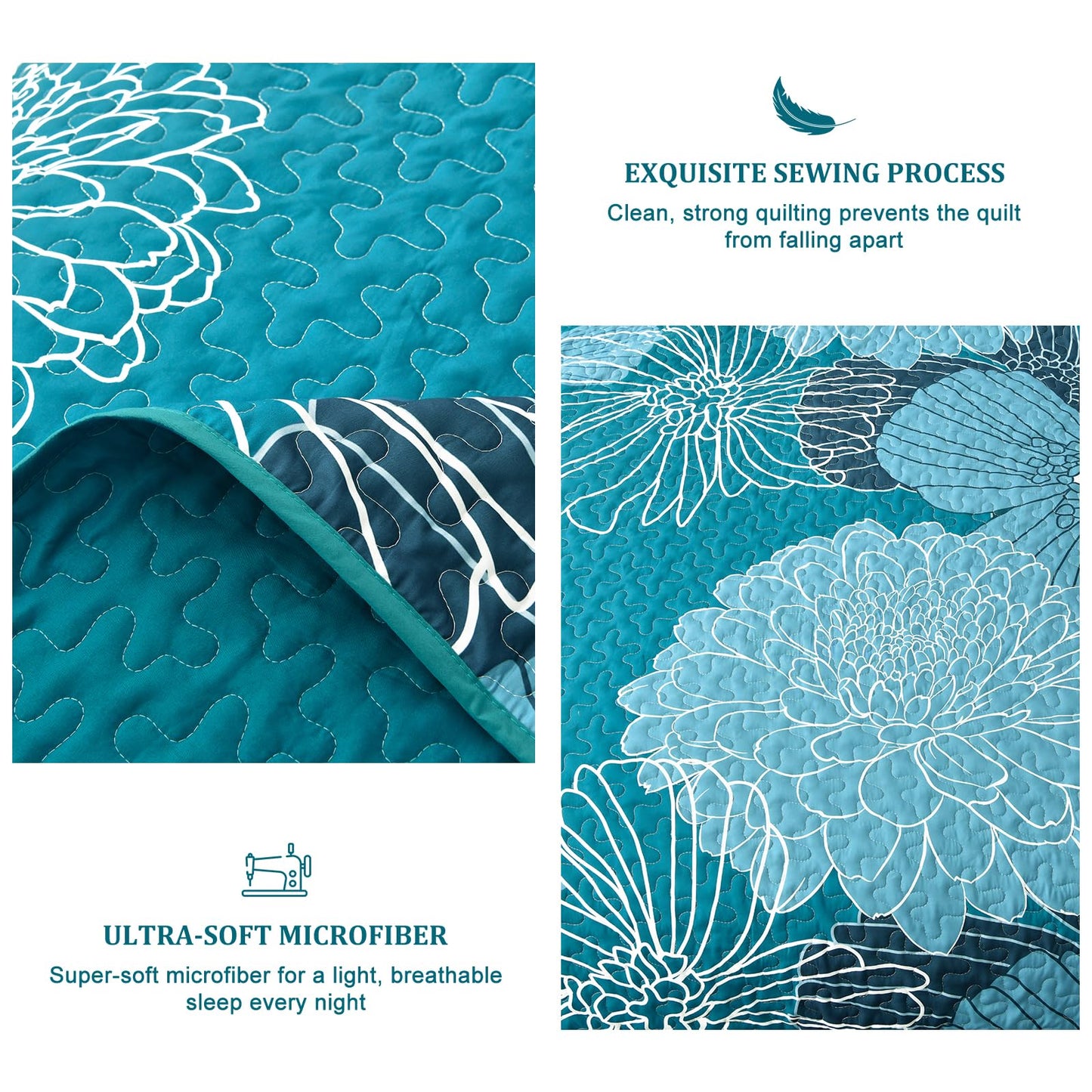 Queen Quilt Sets Teal Floral Pattern Quilt Bedding Set, 3 Pieces Botanical Quilt Bedspread Coverlet Set, Soft Microfiber Boho Flower Bed Coverlet Bedding Set for All Season(96" x 90)