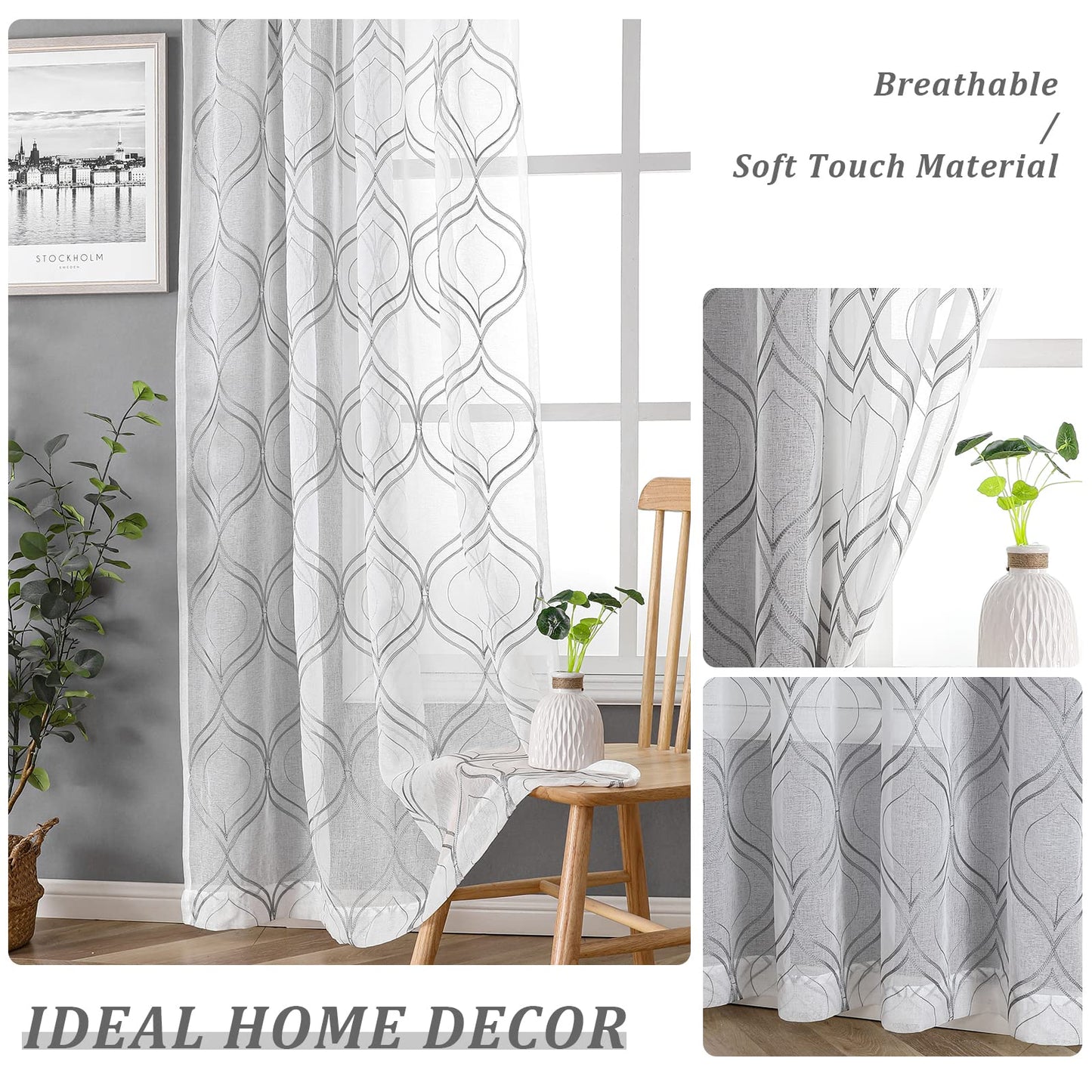 VISIONTEX White Sheer Curtains 84 Inches Long 2 Panels, Light Filtering Grey Moroccan Trellis Embroidered Semi Sheer Voile Drapes, Rod Pocket Textured Window Curtain for Bedroom Living Room 54W x 84L