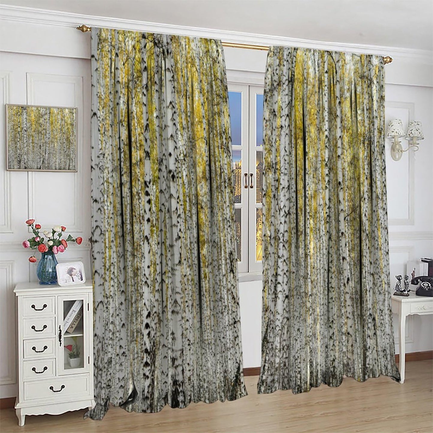 GoDazzling Fall Birch Trees Curtains, Autumn Maple Leaves Forest Wood Nature Scenery Landscape Rustic Farmhouse Window Drapes, for Living Room Bedroom 41" W X 45" L (No Blackout)