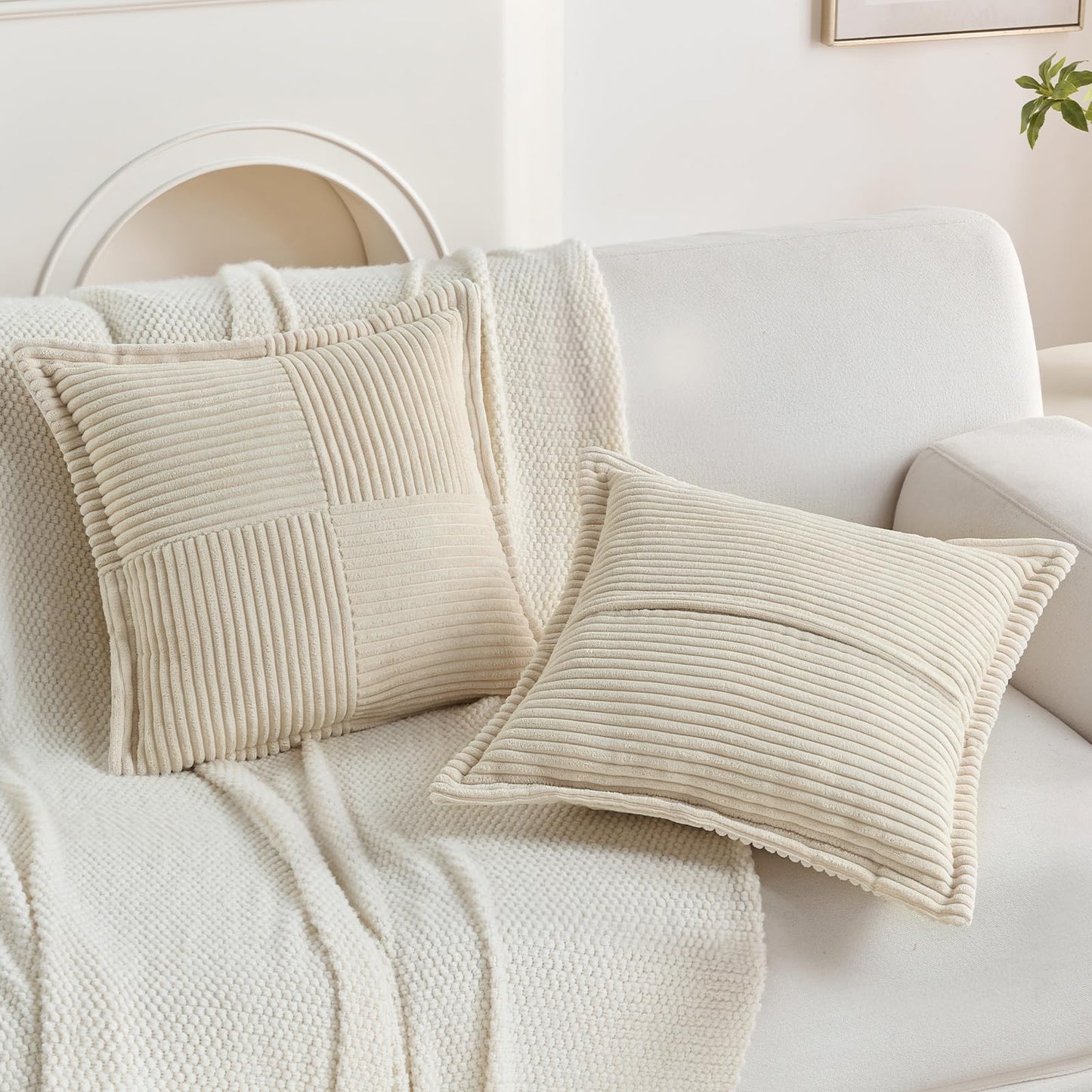 HAUSSY 2 Pack Pillow Covers 18x18 Inch, Corduroy Decorative Throw Pillows Soft Boho Striped Solid Couch Cushion Covers Home Decor Modern Pillow Cases for Living Room Sofa Bed, Beige (Covers Only)