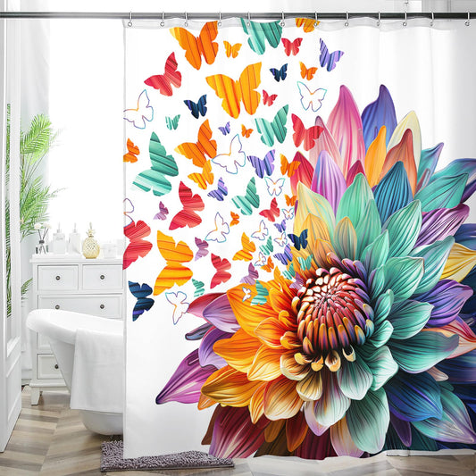 MACOFE Colorful Floral Shower Curtain, Vibrant Watercolor Flower & Butterflies Fabric Bathroom Decor, Waterproof & Washable Shower Curtain Set with Hooks, 72x72 Inch