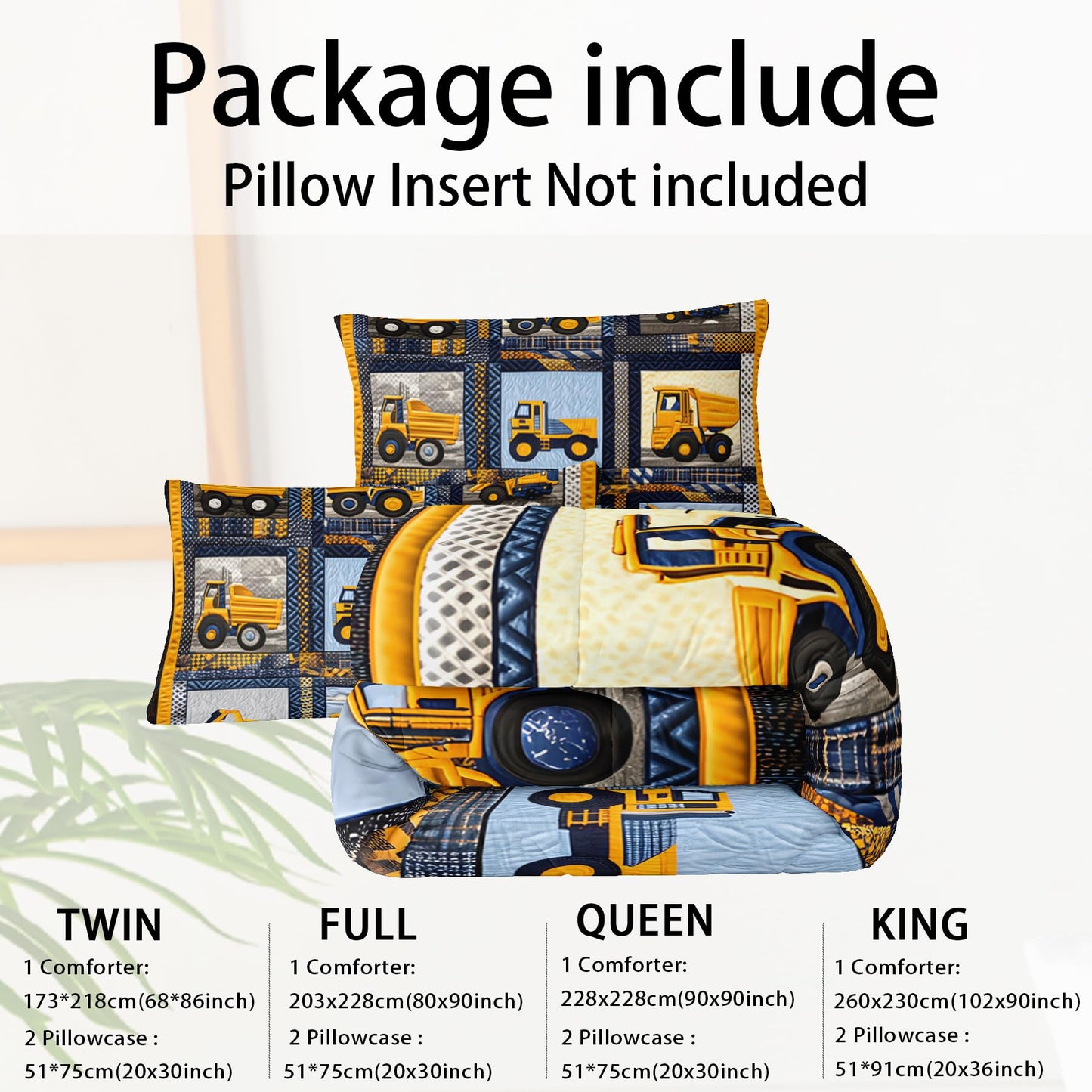 lneffble Kids Excavator Comforter Set Twin,Boys Construction Bedding Set,Yellow Vehicles Excavator Tractor Print Bedding Set,Soft Microfiber Cartoon Truck Quilt Set for Room Decor