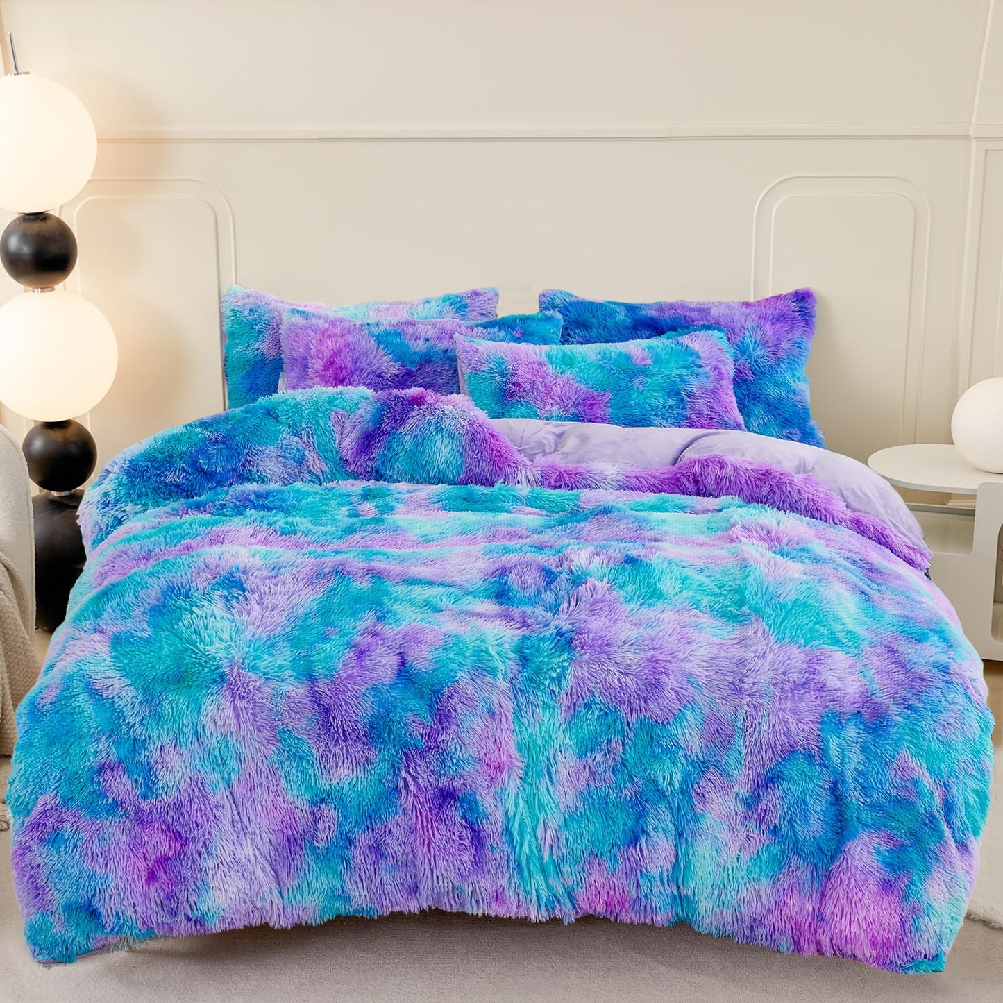 SUCSES Blue Purple Fluffy Twin Bedding Sets for Girls 3Pcs Faux Fur Plush Shaggy Kids Duvet Cover Set Twin Size Tie Dye Velvet Furry Comforter Cover Set