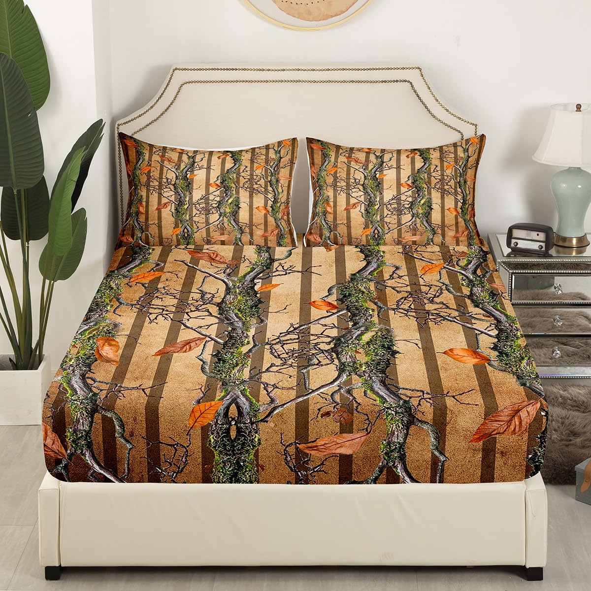 Tree Branches Kids Fitted Sheet Twin Size,Wild Jungle Botanical Leaves Rustic Bedding Set,Boys Girls Room Decor,Hunter Cabin Geometric Stripes Bed Cover,Brown Bed Sheet,1 Pillowcase(No Top Sheet)