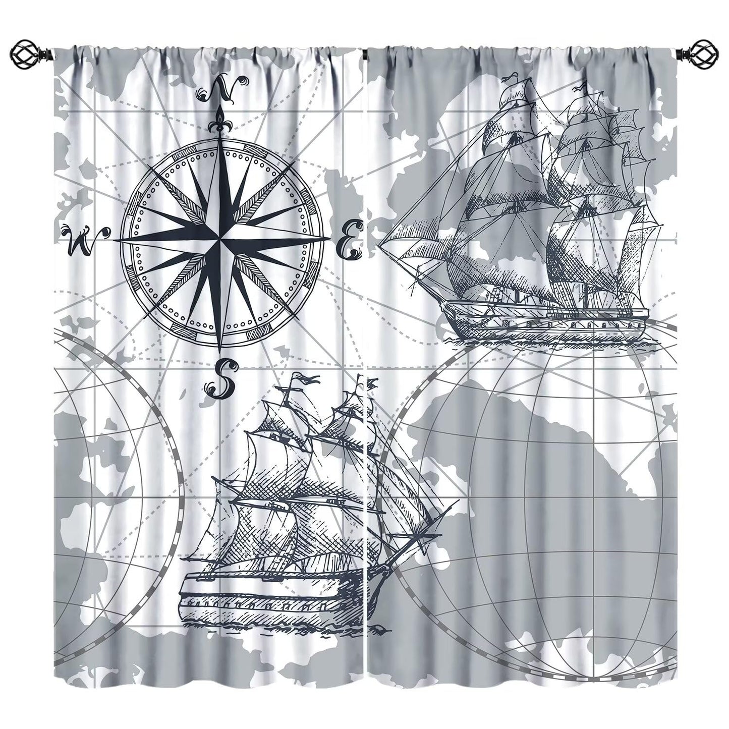 XBDDZSW Nautical Sailboat Map Curtains Sketch Pirate Ship Wheel Compass Starfish Coral Reef Nautical Map Pattern Print Window Drapes for Bedroom Living Room Kitchen Decor,2 Panel Set,42x45 Inch Decor
