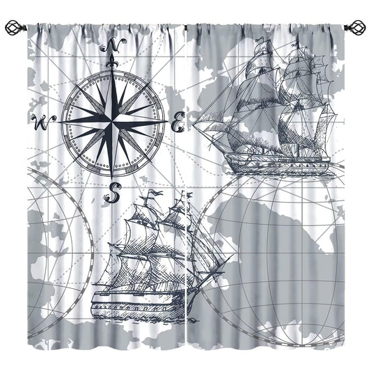 XBDDZSW Nautical Sailboat Map Curtains Sketch Pirate Ship Wheel Compass Starfish Coral Reef Nautical Map Pattern Print Window Drapes for Bedroom Living Room Kitchen Decor,2 Panel Set,42x45 Inch Decor