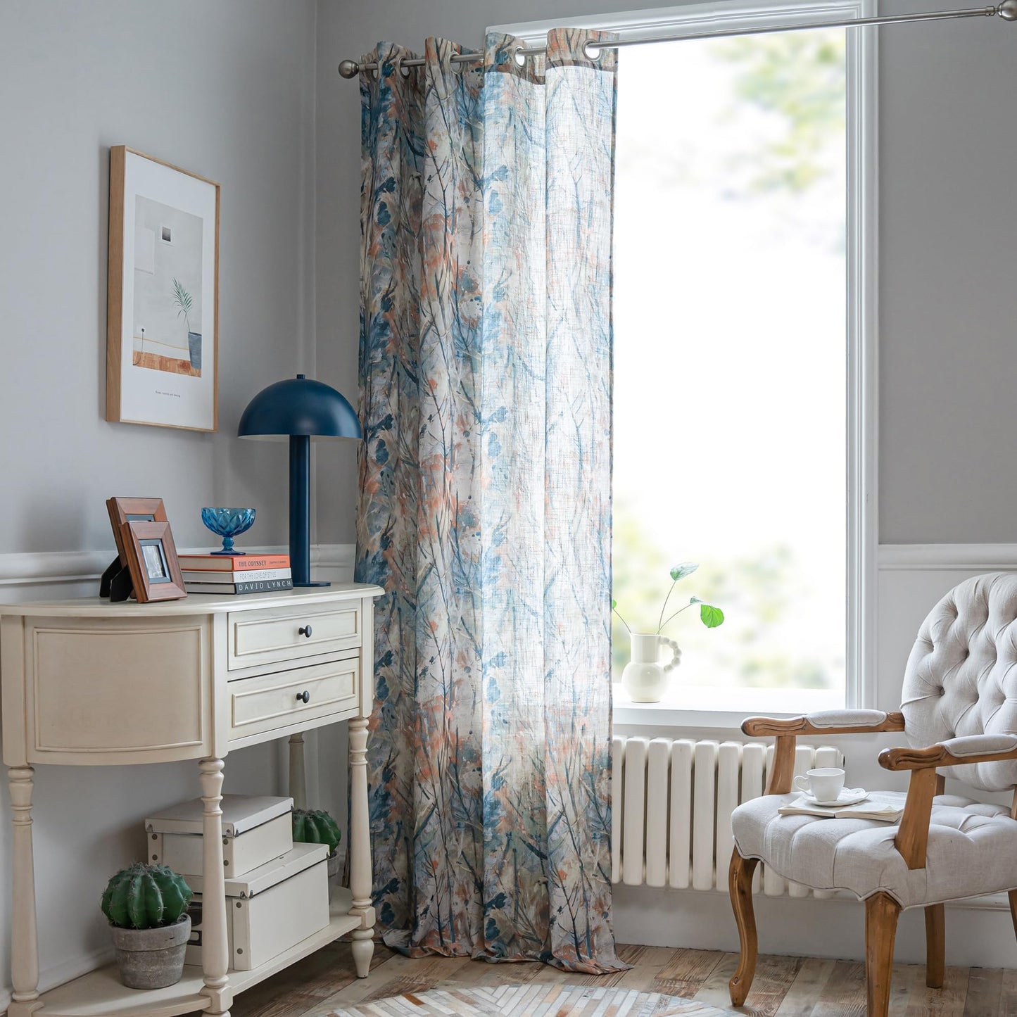 MEETSKY Living Room Curtains 95 Inch Length - Branches Pattern Printed Sheer Curtain Linen Texture Modern Drapes Light Filtering Grommet Window Curtain Panels for Bedroom Dining Room, Blue & Orange