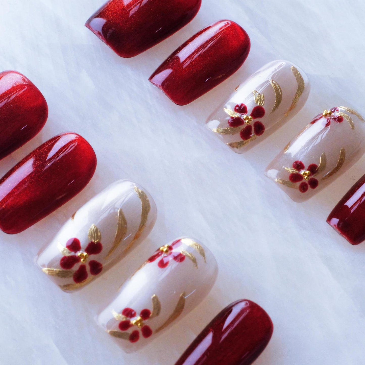 GLORS Press on Nails, Red Plum Embroidery Cat Eye False Nails with Gold Floral Design, medium ballerina Shape, 10 Pieces (Medium, MB)
