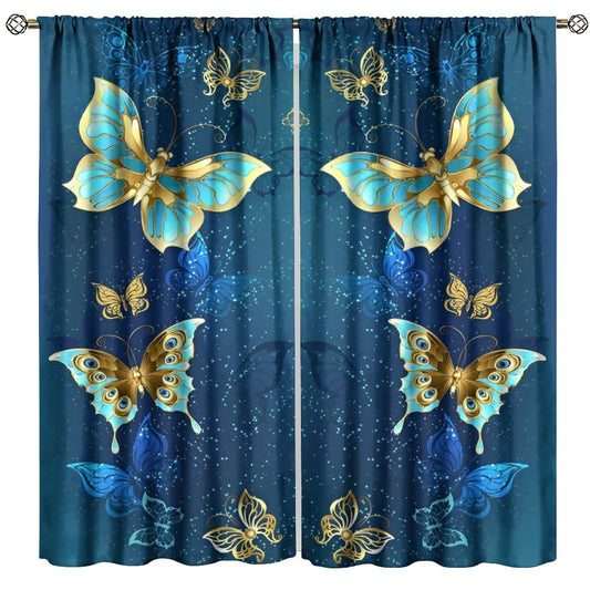 PHTAYOT Butterfly Curtains, Vintage Fantasy Pretty Gold Blue Teal Butterfly Print for Kids Girls Boys Room Window Decor, Rod Pocket Drapes for Living Room Bedroom Kitchen 2 Panel Set 20.5" W X 45" L
