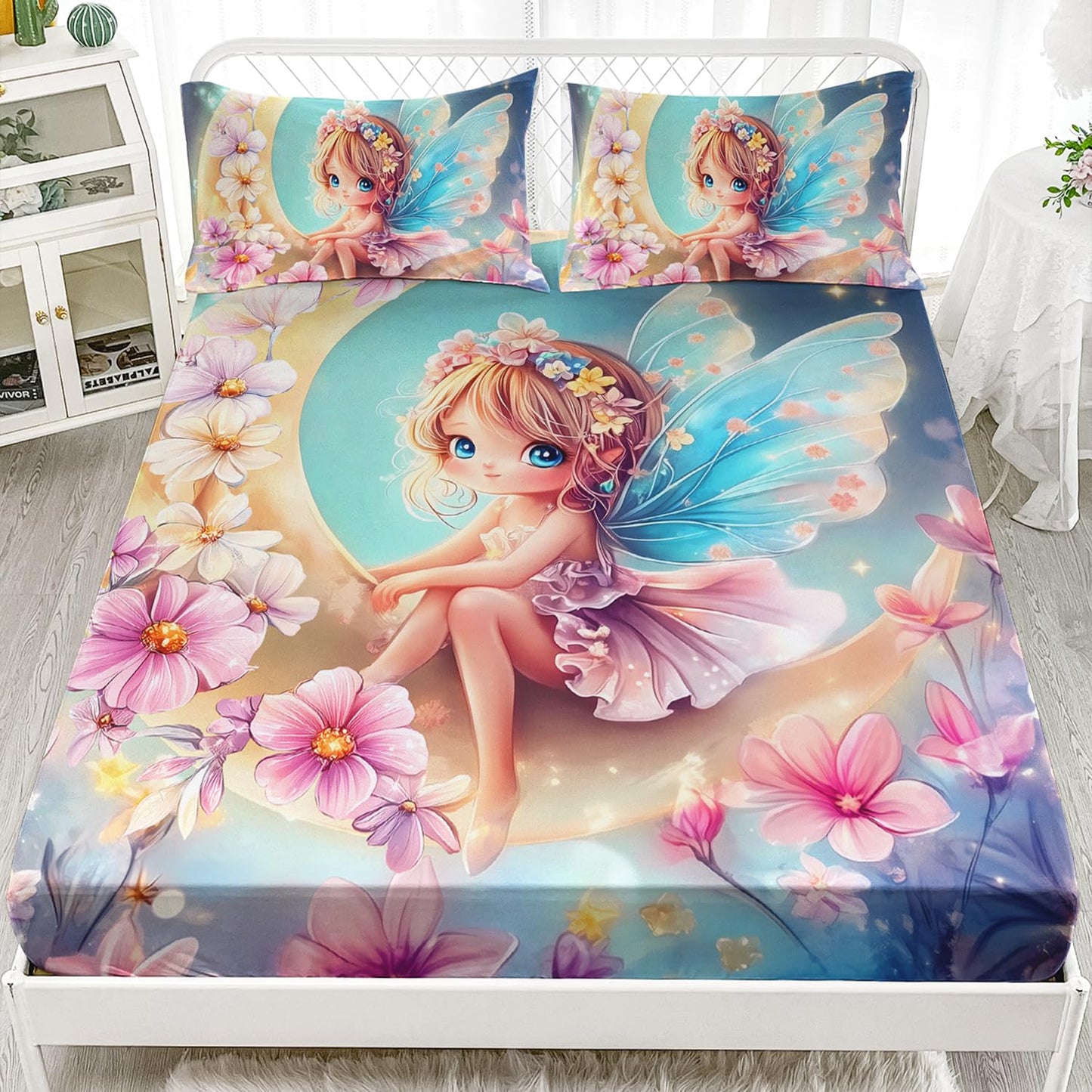 AILONEN Beautiful Fairy Girls Fitted Sheet Set Twin Size for Kids,Pink Flower Fairy Bed Sheet Set,Cartoon Moon Butterfly Girls Kawaii Bedding Set,1 Fitted Sheet with 2 Pillowcases,3-Piece