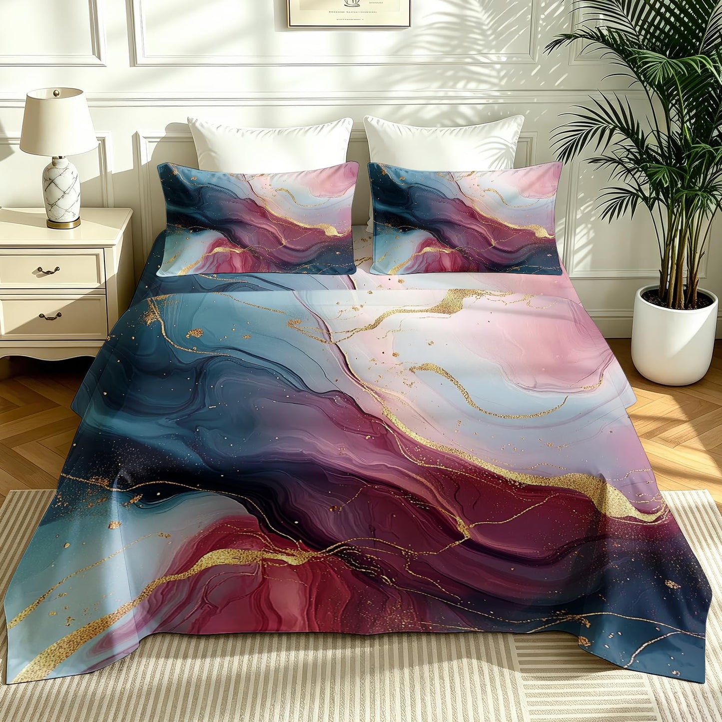 Marble Full Bedding Set Modern Abstract Sheet Sets, Purple Blue Gold
