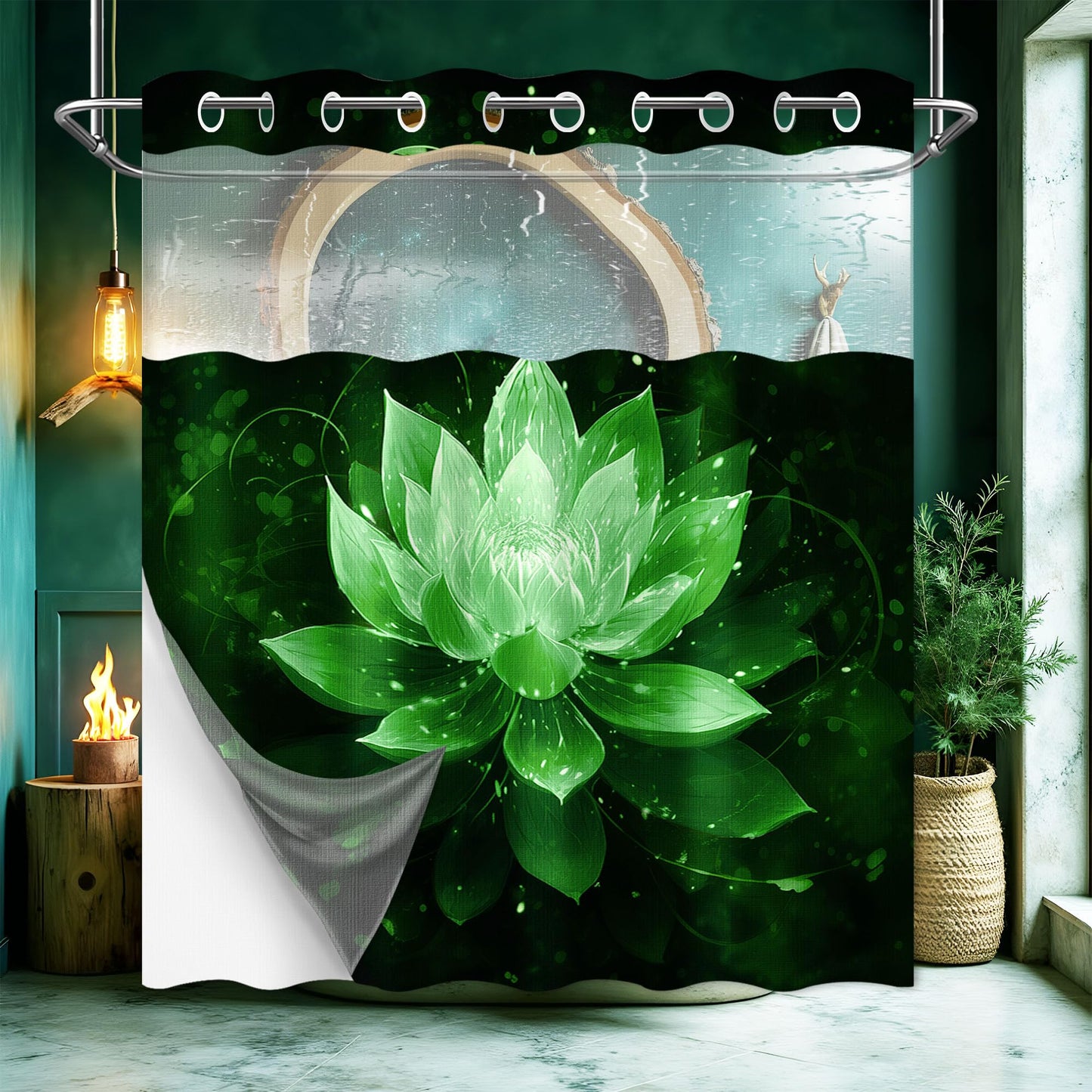 Lotus Hookless Shower Curtain with Liner, Black and Green Floral, 71"x74"