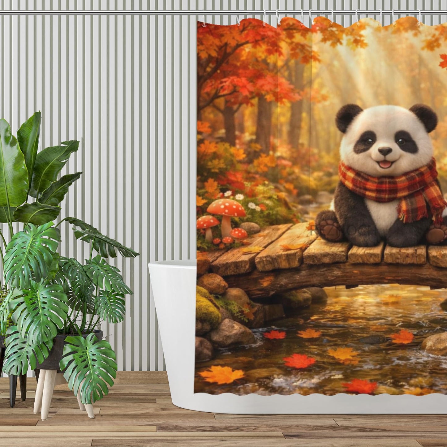 REZHOCH Autumn Forest Funny Panda Shower Curtain 72x72 Inch,Cute Animal Rustic Fall Nature Scenic Maple Leaves Creek Bridge Bathroom Decor,Farmhouse Woodland Boho Bath Set