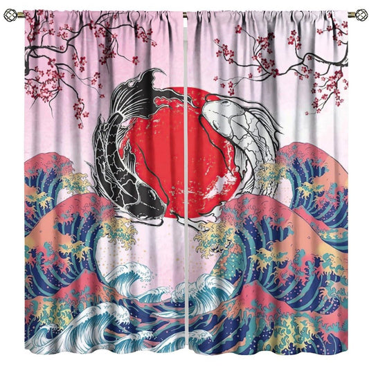 AuiMzoo Japanese-Style Blackout Curtains for The Bedroom; Living Room Window Treatments Featuring A Koi Fish and Wave Pattern42X45 Inch