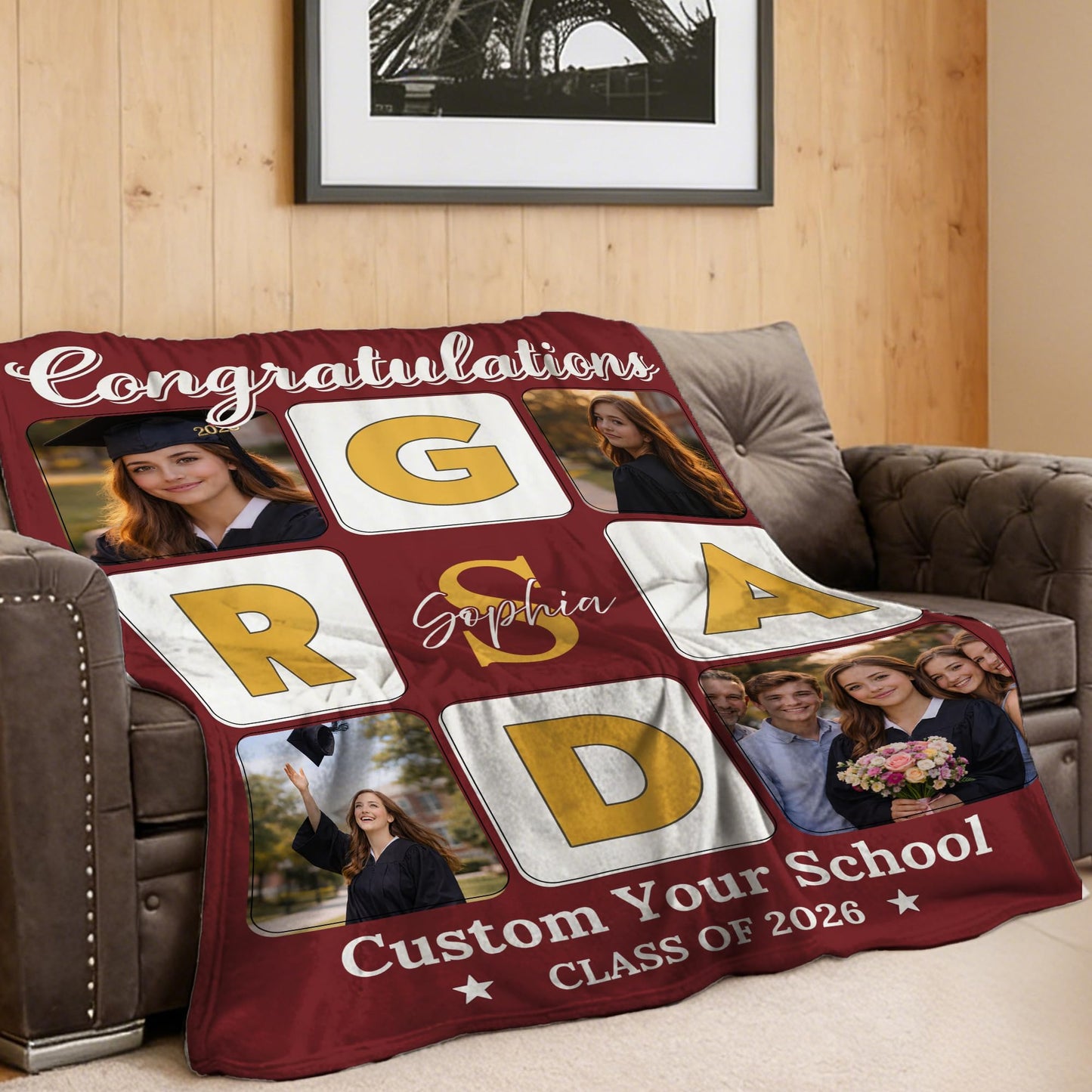 Ipplee Personalized Graduation Blanket with 4 Photos Custom Class of 2026 Flannel Throw Blanket with Name-Grad Photo Collage Blanket, Senior Graduation Gifts for Student Her Him High School College