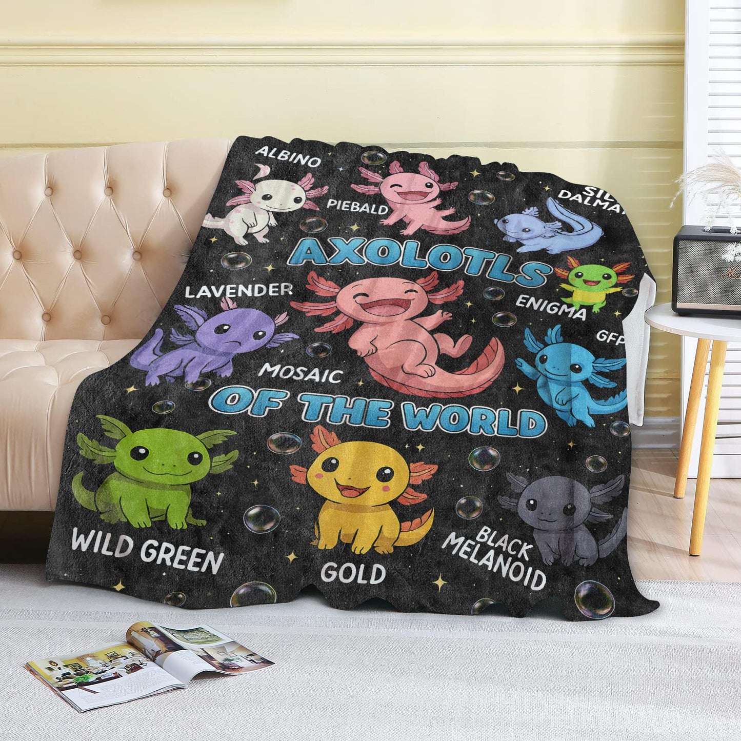 coedoaes Cute Axolotl Fleece Blanket,40x50in,Cartoon Axolotls of The World Black Throw Blankets,Soft Cozy Lightweight, Ideal for Bed Living Room Home Farm Decor,Kids Amphibian Fans Gifts