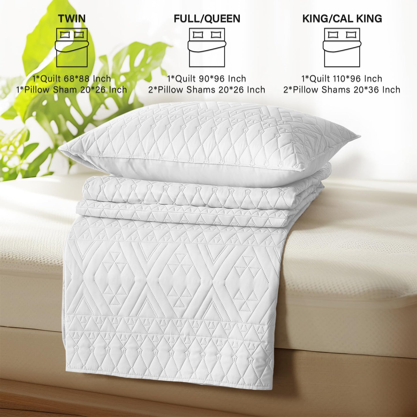 akkialla King/Cal King Size Quilt Bedding Set,White Lightweight Microfiber Soft Bedspread,Modern Style Geometric Pattern Coverlet Set for All Seasons,3 Piece(1 Quilt,2 Pillow Shams)