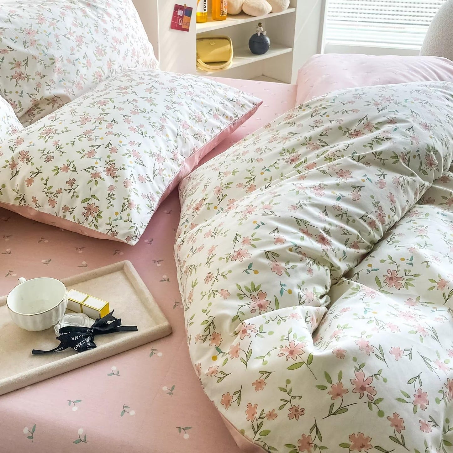 BuLuTu Pink Floral Duvet Cover Queen 100% Cotton Duvet Covers Set Full Size Women Teen Girls Apricot Blossom Pink Flowers Reversible Twin Comforter Cover Garden Style Bedding Set,Zipper,Easy Care