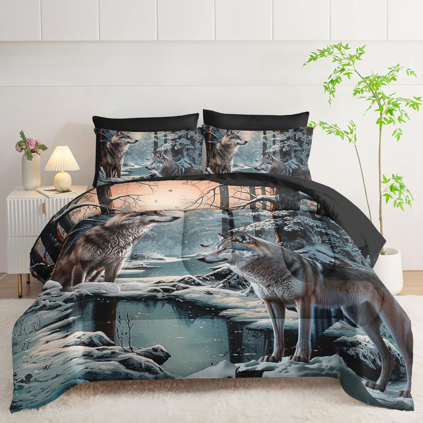 AILONEN Snow Wolf Comforter Set - 7Pcs Soft Kids Boys Bed in a Bag - Queen Size Comforter,Fitted Sheet,Flat Sheet,2 Pillowcases,2 Pillow Shams - Winter Wildlife Room Decor
