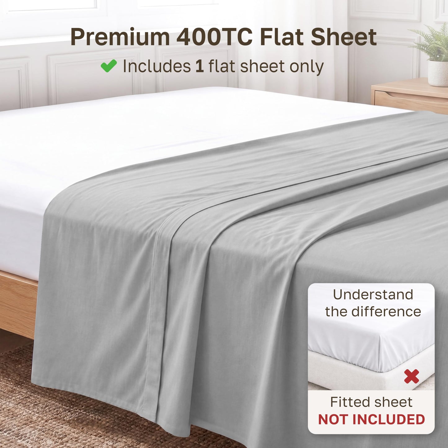 California Design Den King Size Flat Sheet, 400 Thread Count 100% Cotton Sateen Flat Bed Sheets Only - Light Grey