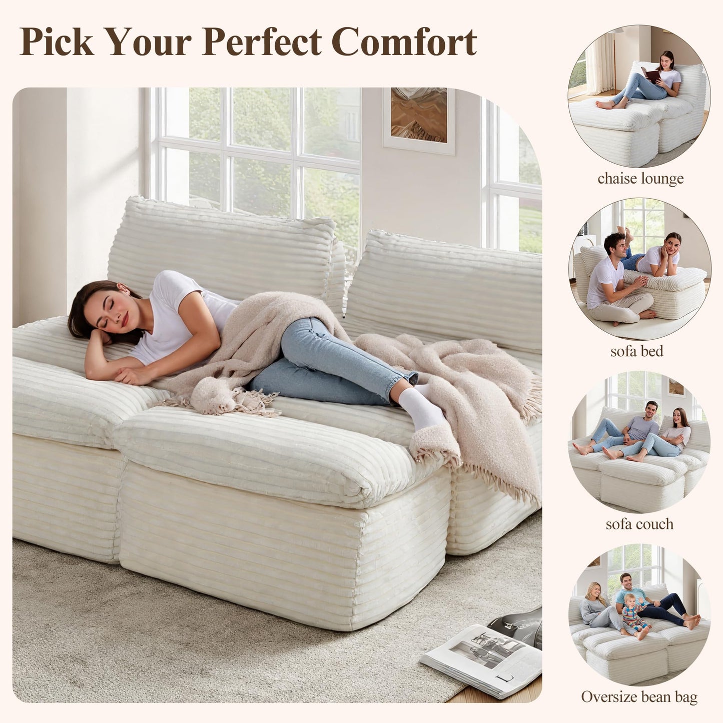 COLAMY Bean Bag Chair, Lounge Chair with Removable Ottoman for Adults, Comfy Fabric Sofa Bed Couch with Memory Foam, Backrest for Living Room, Office, Bedroom, Beige