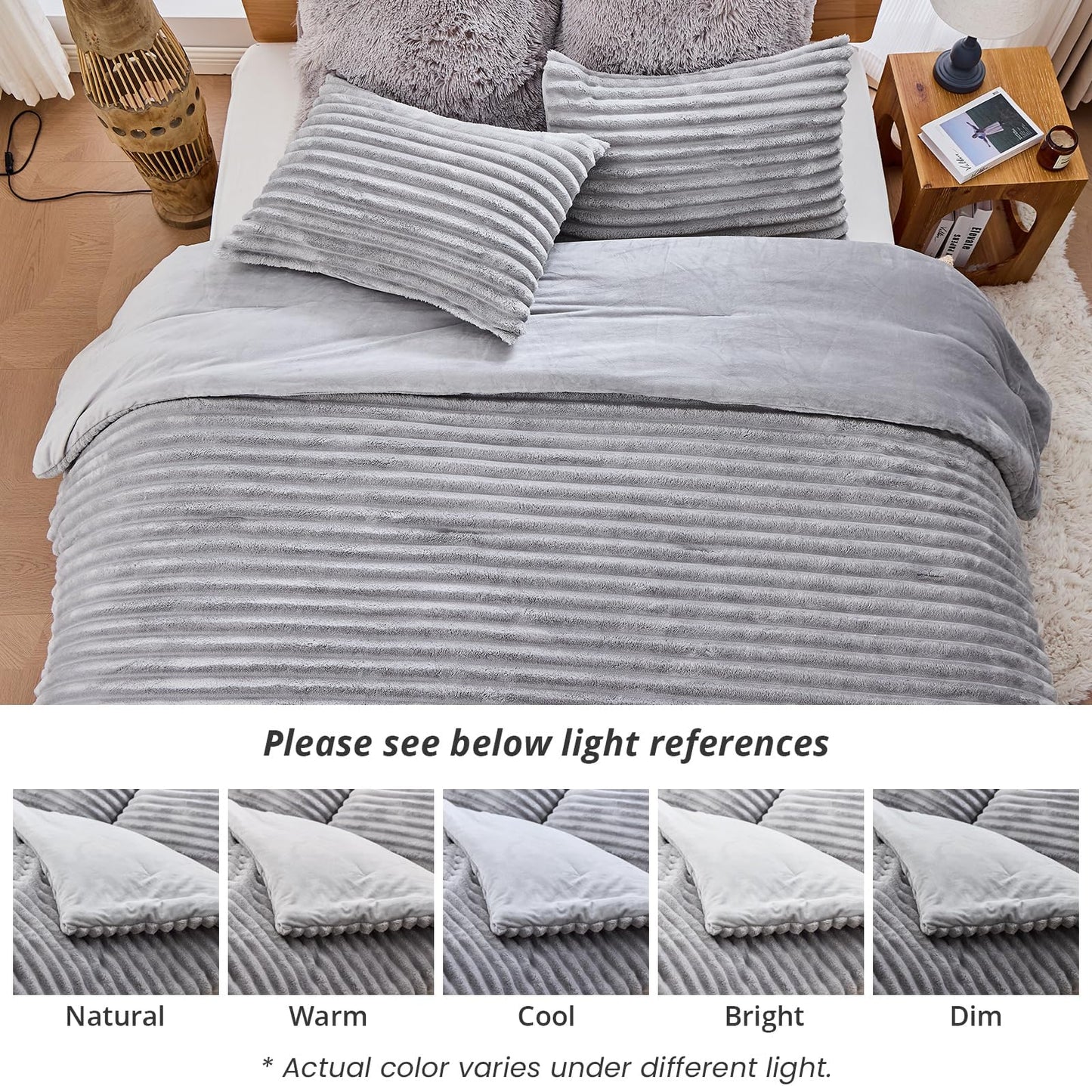 Sasttie King Comforter Set 3 Pieces - Super Soft Fleece Comforters King Size, 1 Luxury Warm Fuzzy Marshmallow Comforter with 2 Pillow Cases, Faux Fur Down Alternative Bedding Set, Light Grey