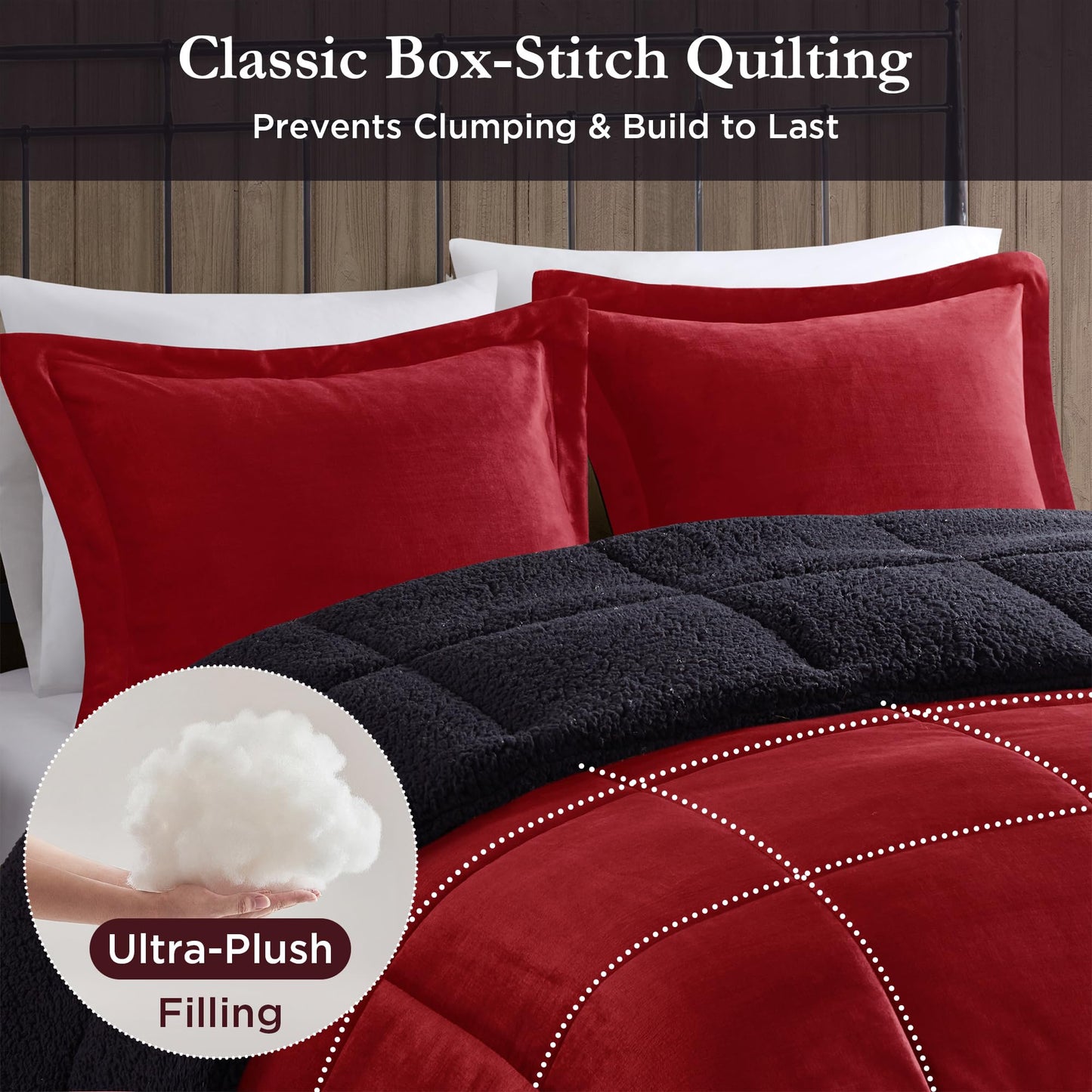 Woolrich Reversible Comforter Set Ultra Soft Plush to Sherpa, Down Alternative, Cold Weather Winter Warm Bedding, with Matching Sham, Decorative Pillow Red/Black Full/Queen 4 Piece