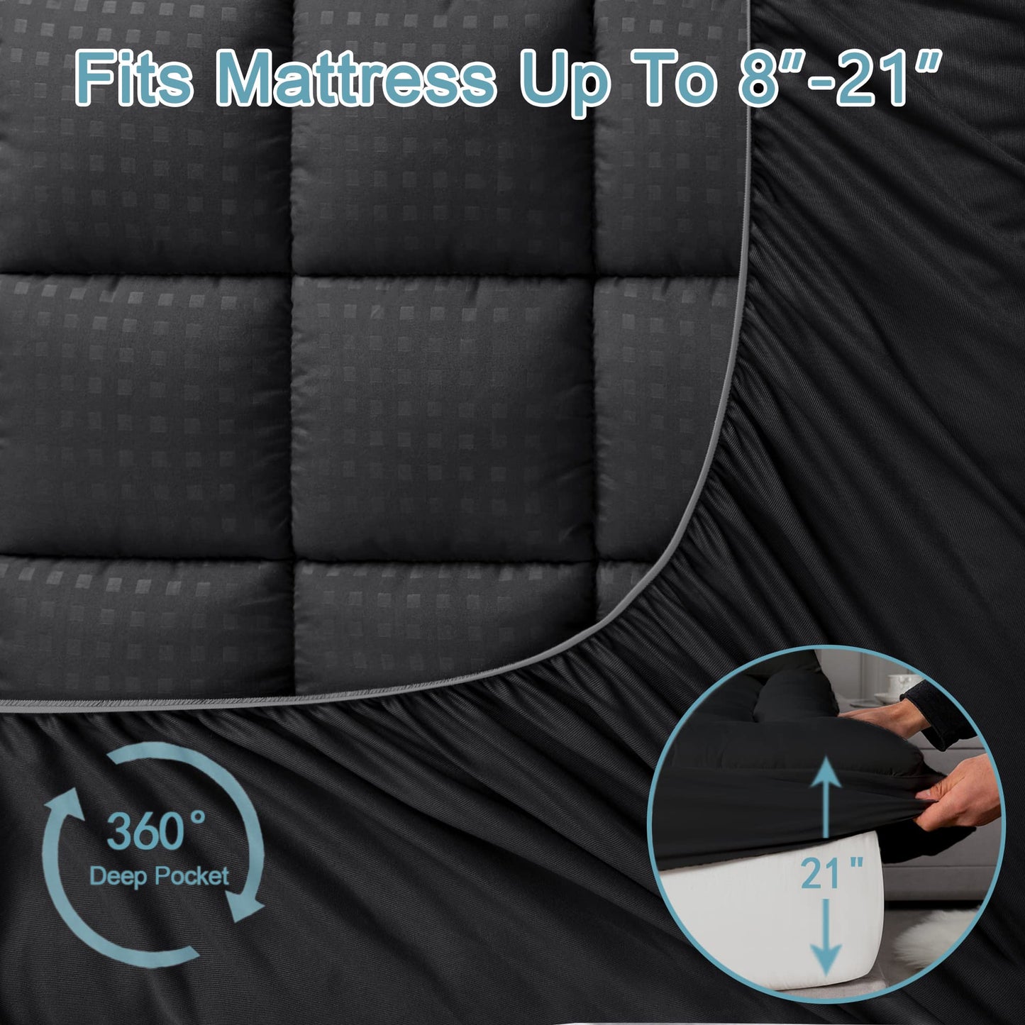 HYLEORY Twin Mattress Pad Quilted Fitted Mattress Protector Cooling Pillow Top Mattress Cover Breathable Fluffy Soft Mattress Topper with 8-21" Deep Pocket, Black