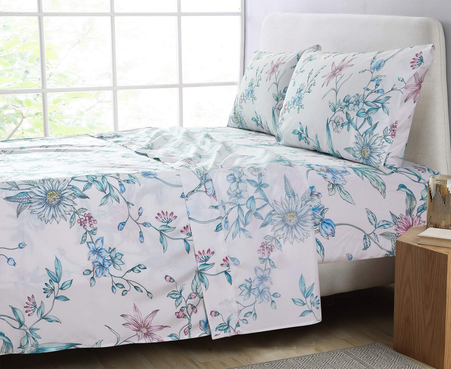 JSD White Blue Floral Printed Sheet Set Queen Size, 4 Piece Botanical Microfiber Sheets Extra Deep Pocket