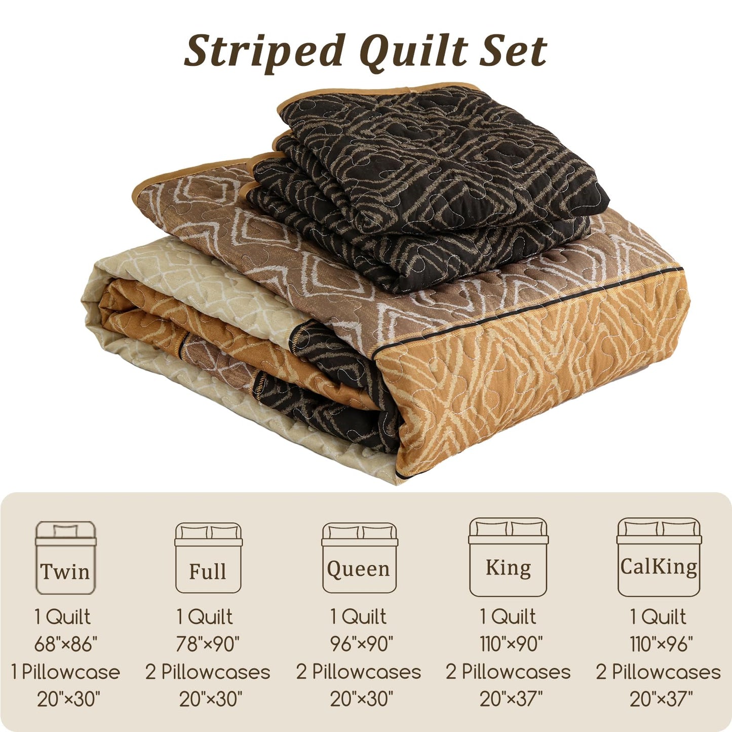 Cottolester Fall Quilt Set Queen Size 3 Pieces,Brown Striped Bedspread,Boho Plaid Bedding Set Soft Microfiber Quilt with 2 Pillow Shams 96"x90"