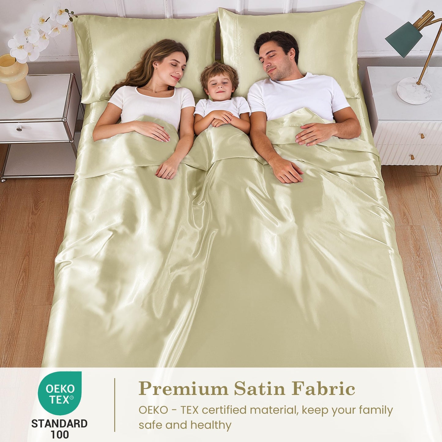lasoftan Silk Satin King Sheets Set, Silky Fitted Bed Sheets with 15" Deep Pocket & Non-Slip Corner Straps, Luxury Hotel Satin Sheets King Size, Champagne Summer Cooling Sheets & Pillowcase Set