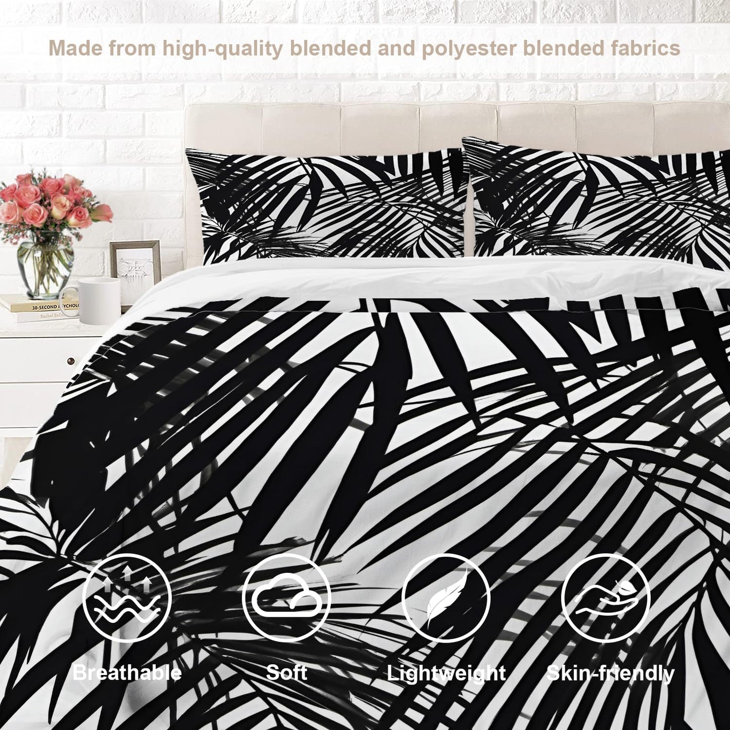 BaoNews Black White Foliage Plants 100% Cotton Duvet Cover Set Full Size, Palm Leaf Bold Lines Tropical Theme Bedding Sets Soft Comforter Cover with Zipper Closure and 2 Pillowcases(No Filler)