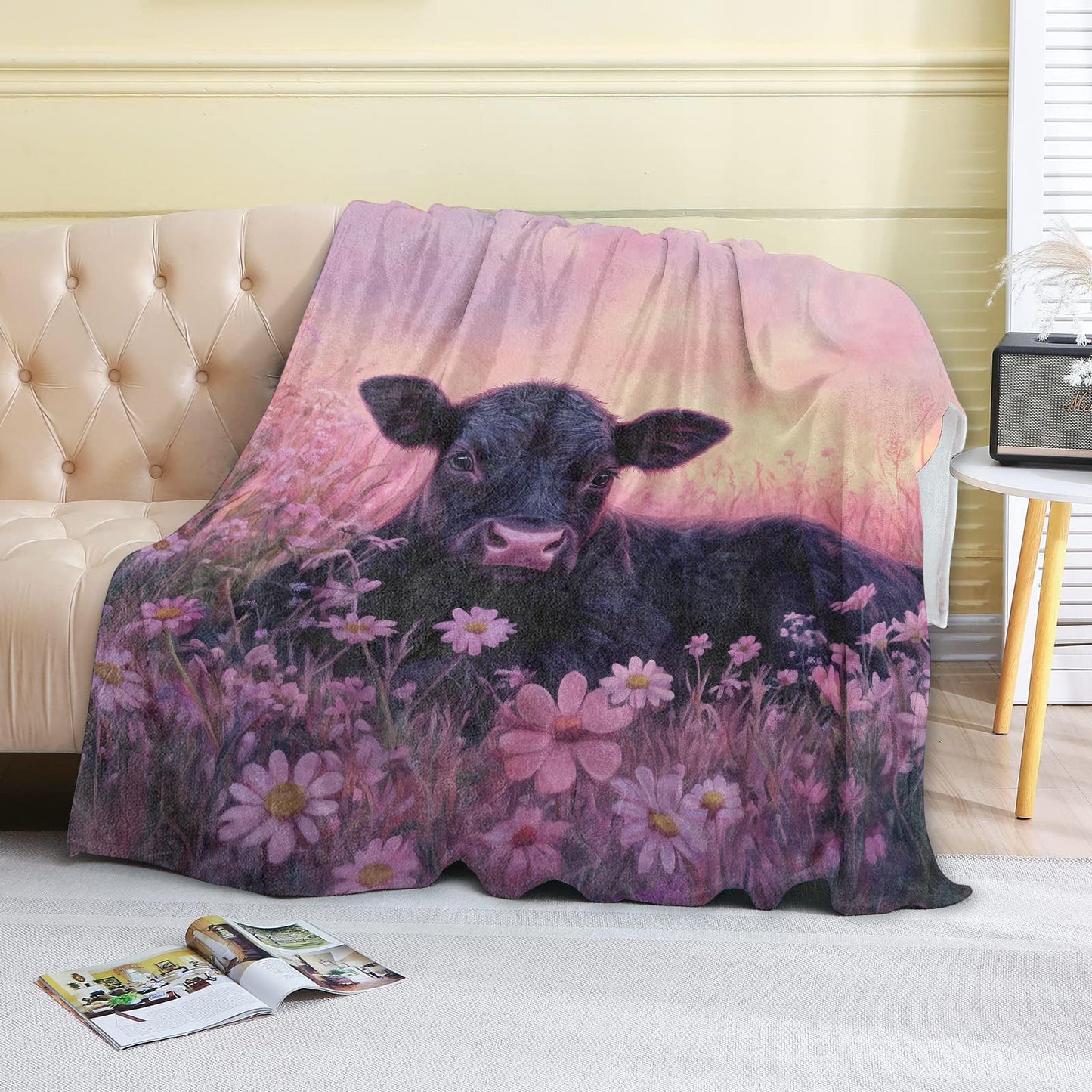 coedoaes Cute Cow Flower Fleece Blanket,50x60in,Black Calf with Sunset and Pink Floral Throw Blankets,Soft Lightweight Country Throws for Bedroom Picnic Farmhouse Decor,Girls Farm Animal Lovers Gifts