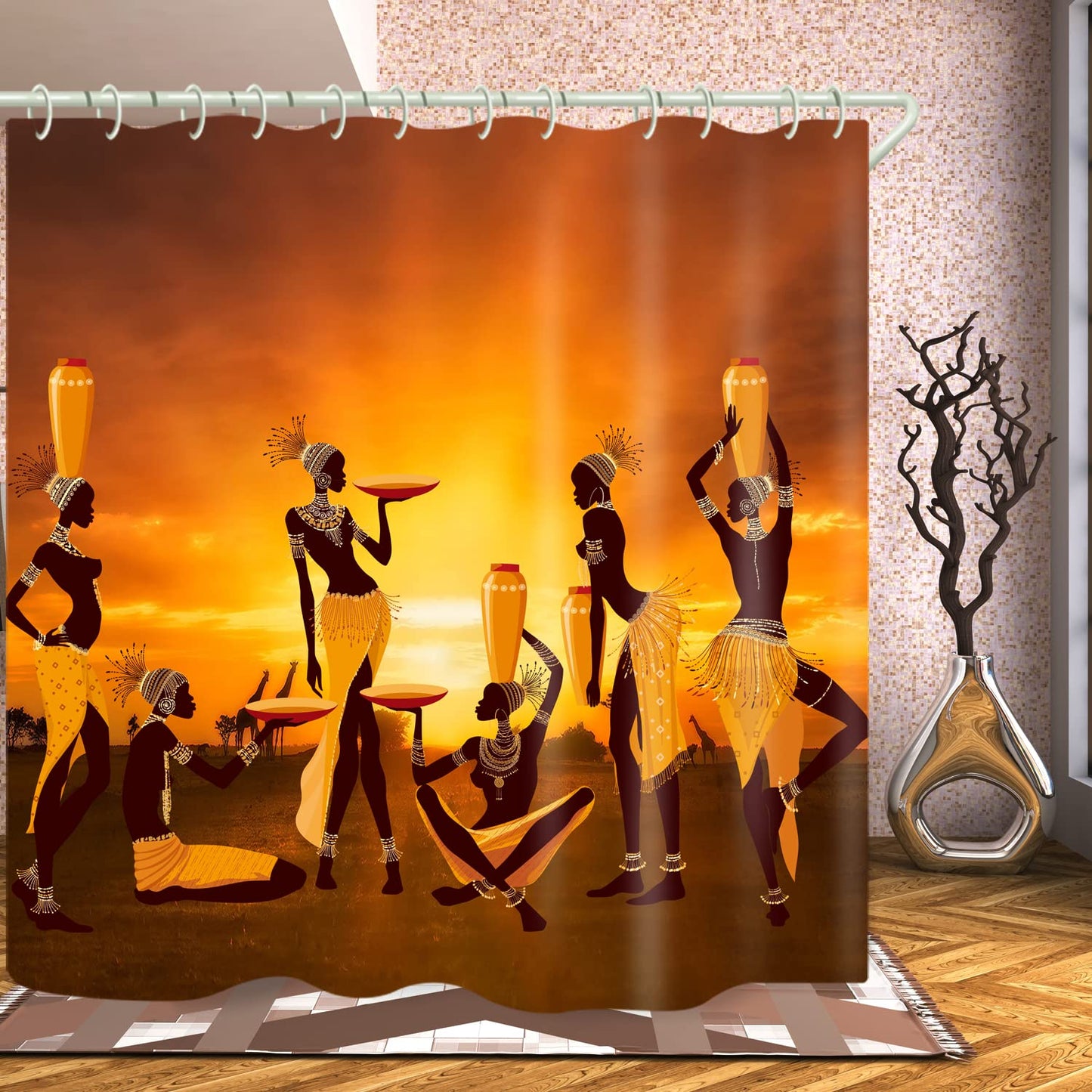 LYFANS Waterproof Shower Curtain Set Bathroom Orange African Tribal Print, Beautiful Wide Fabric Bathroom Curtain Bathtub Privacy Shower Curtains, 12 Hooks and 79 X 72 Inch Shower Curtain.
