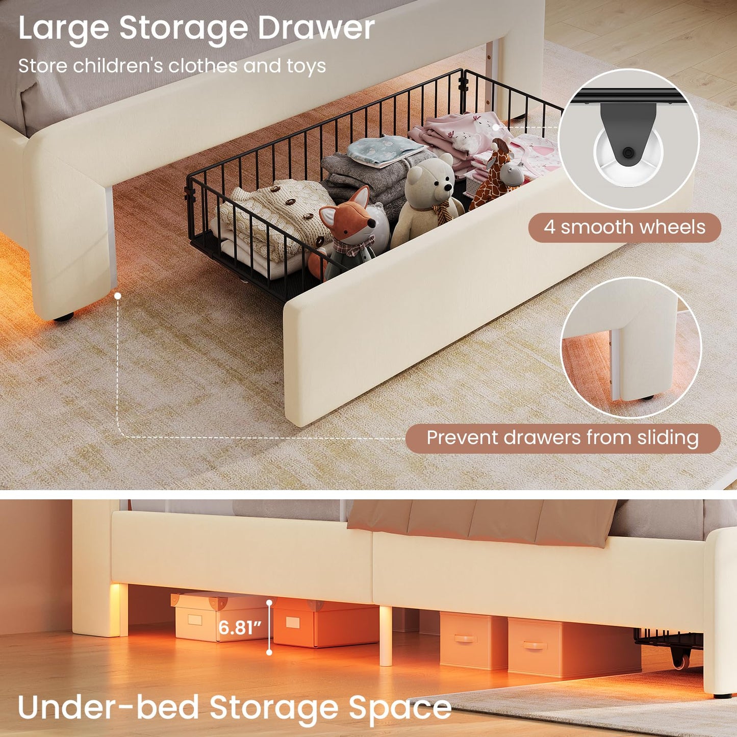 DICTAC Twin Size LED Bed Frame with Storage Drawer and Safety Guardrails, Velvet Upholstered Platform Bed for Kids with Chic Wavy Storage Headboard, Charging Station, Heavy Duty Metal Support, Beige