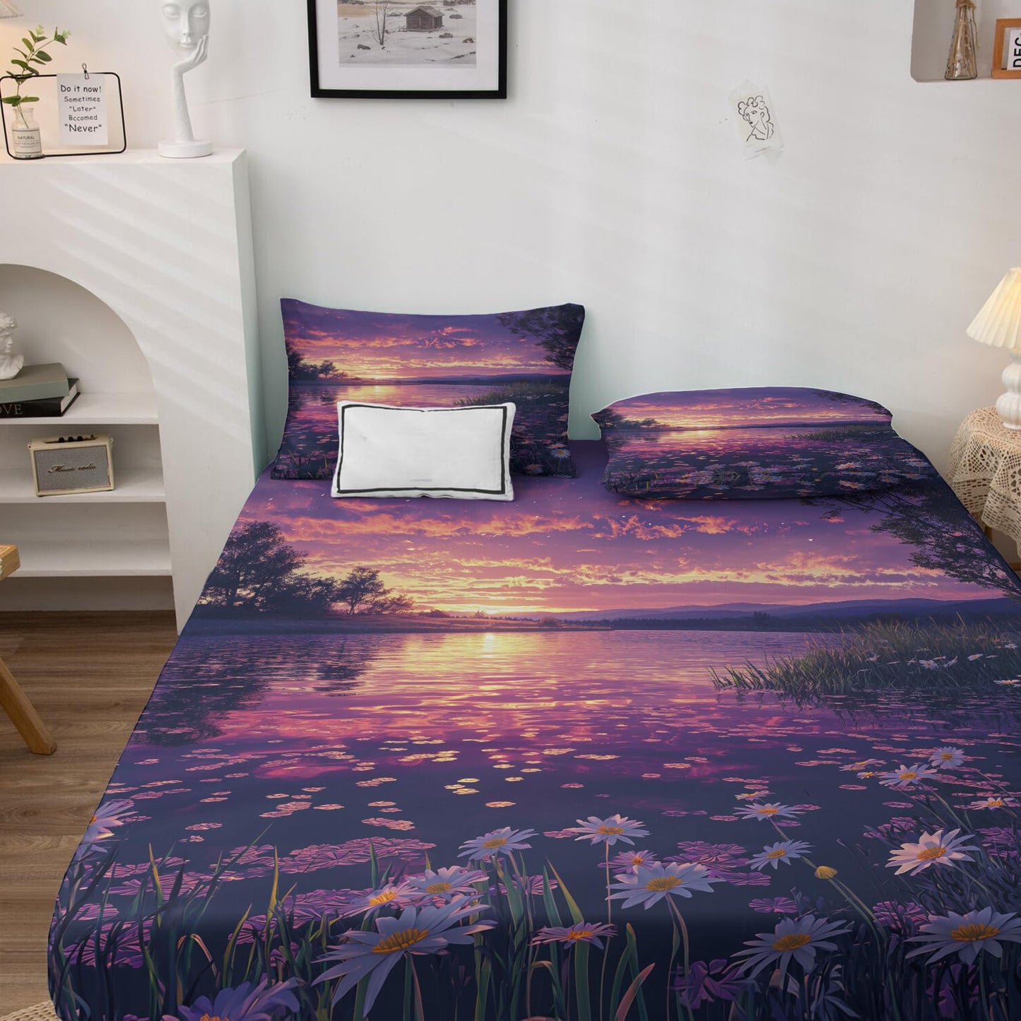 NOGAWA Sunset Floral Sheets King, Flower Landscape Bed Sheets, Deep Pocket & Soft Microfiber Bedding Sheets & Pillowcases 4 Piece - Fitted Sheet & Flat Sheet & 2 Pillow Cases