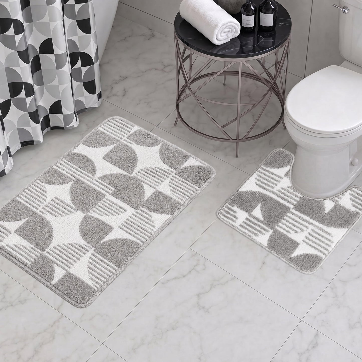 Creative Home Ideas Bale Bath Shower Set with Shower Curtain, Bath Rugs and Hooks, Black/Grey, 15 Piece Set